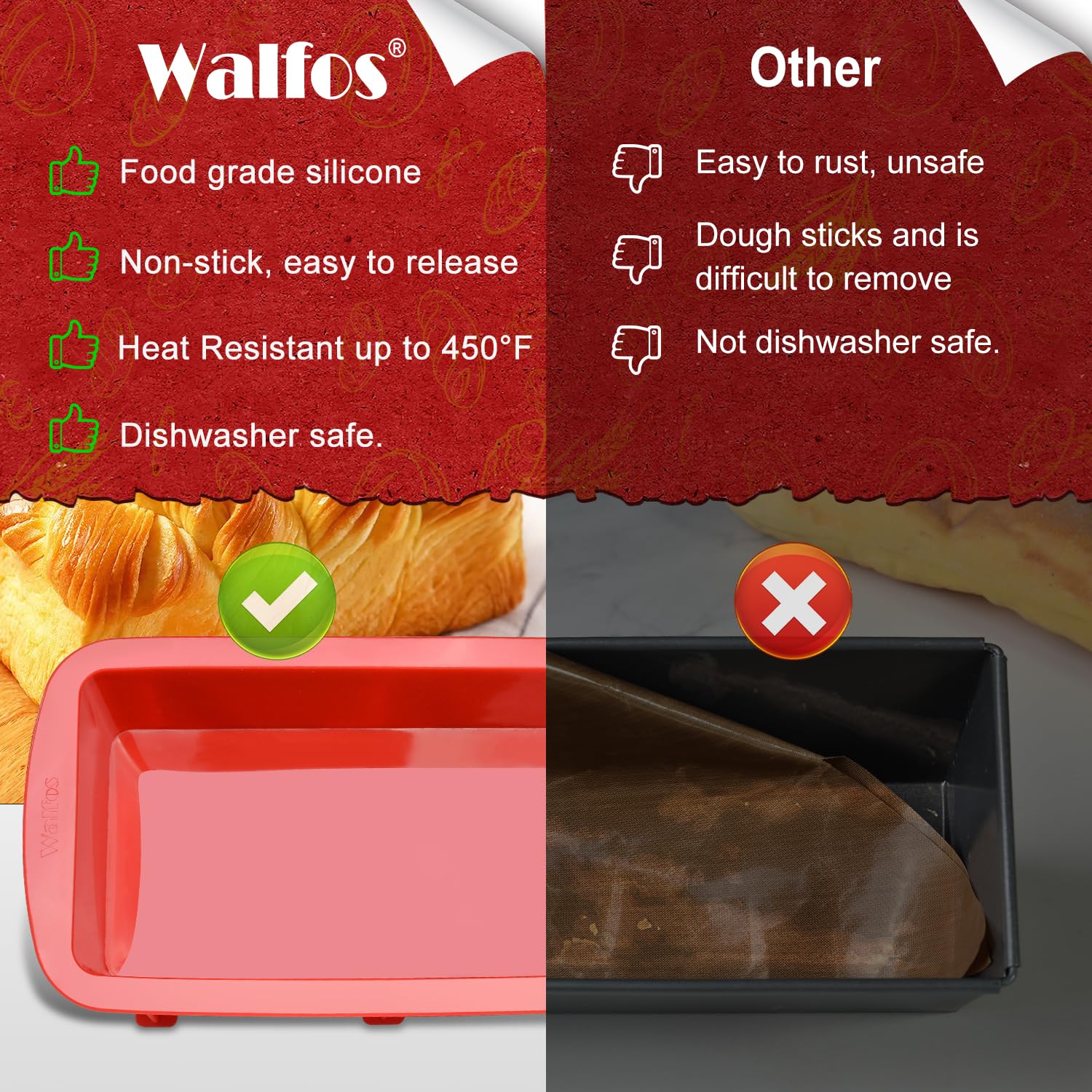 Walfos Silicone Bread Loaf Pan, 9 x 5 inch Non-Stick Silicone Loaf Pans For Baking Set of 2, Perfect For Bread, Cake, Meatloaf, Dishwasher Safe