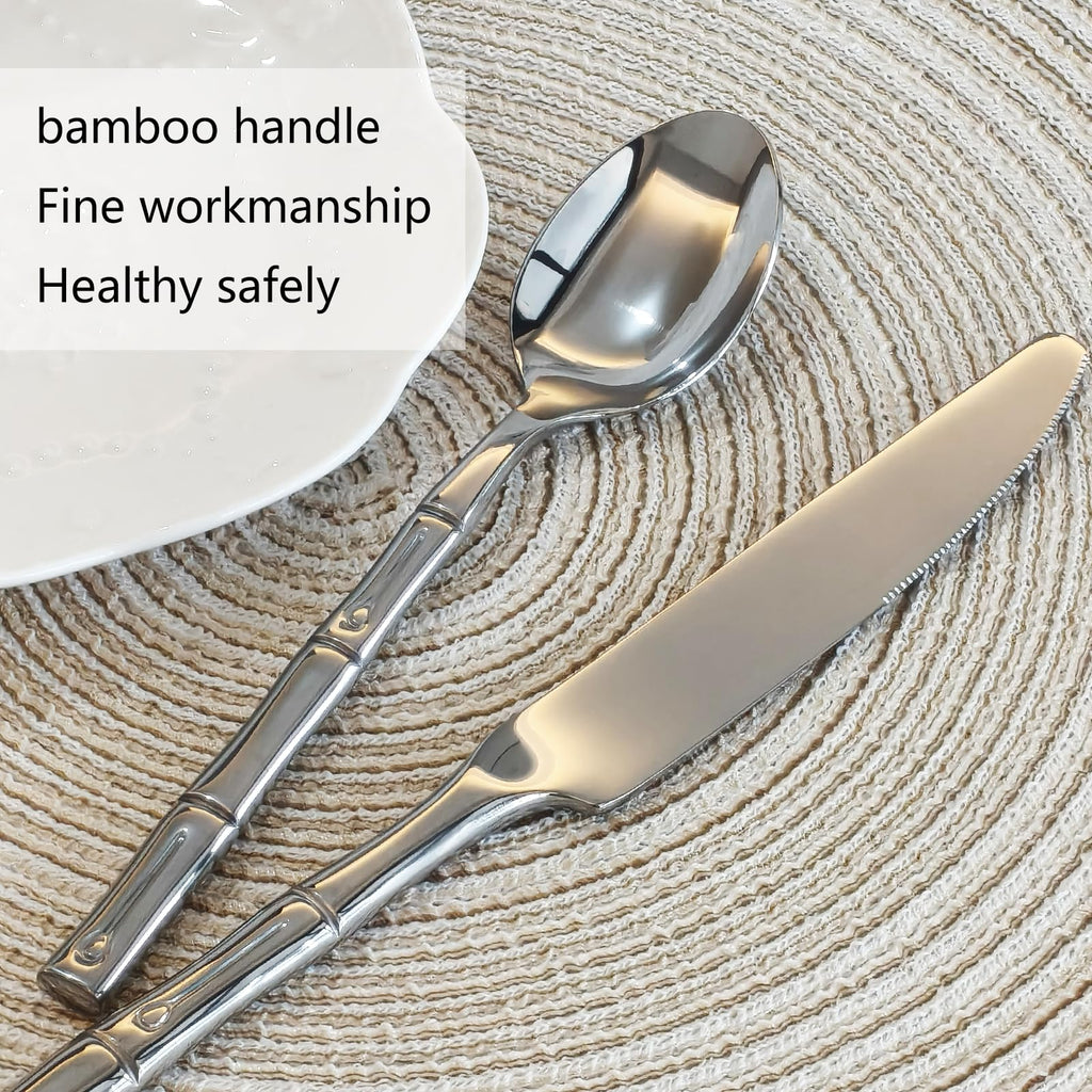 Bamboo 20-Piece Silverware Set, Stainless Steel Flatware Set, Cutlery Set Mirror Polished, Dishwasher Safe, Service for 4