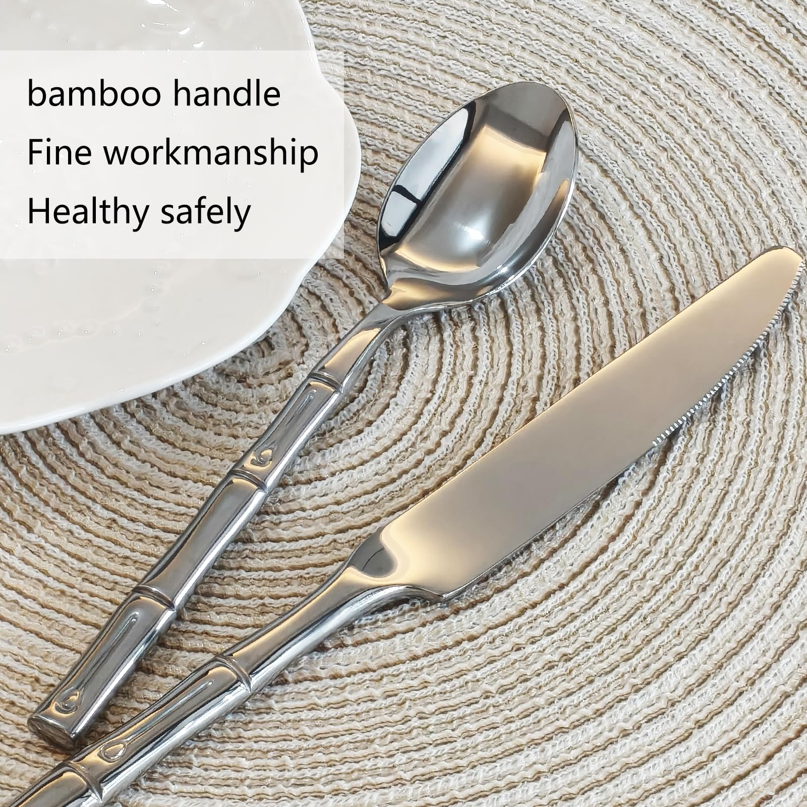 Bamboo 20-Piece Silverware Set, Stainless Steel Flatware Set, Cutlery Set Mirror Polished, Dishwasher Safe, Service for 4