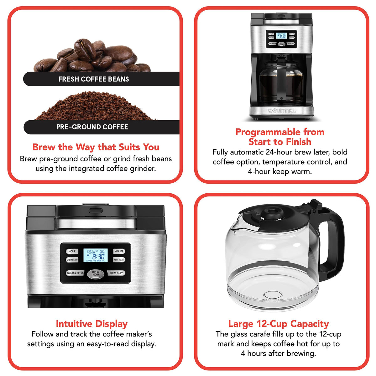 Gourmia Digital Coffee Machine 12Cup FullyAutomatic Large coffee maker integrated CoffeeGrinder,Pot,stainless steel mesh coffee filter 4Hr KeepWarm and Freshness Indicator GCM3180,Black and Silver