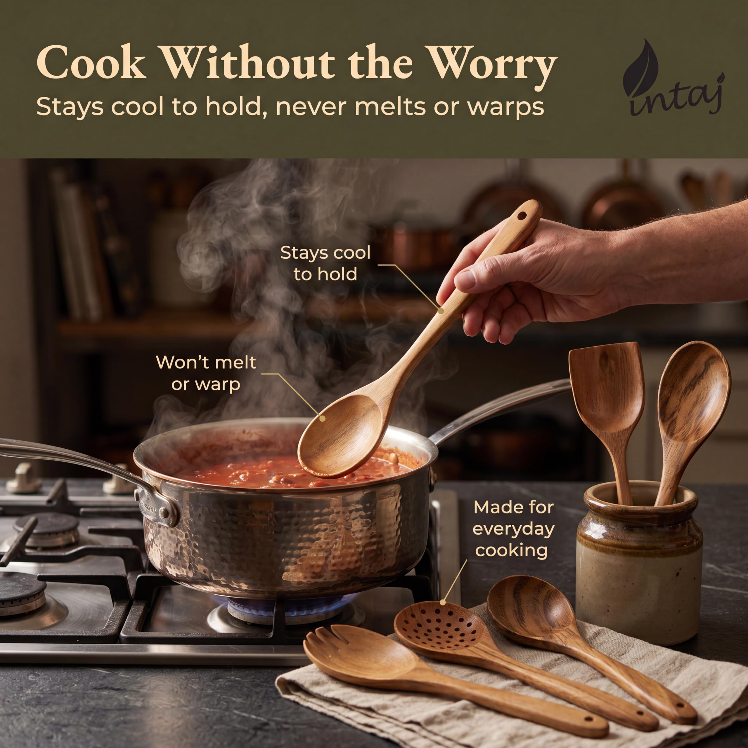 INTAJ Wooden Spoon Set for Cooking, 6-Piece Handmade Teak Kitchen Utensils