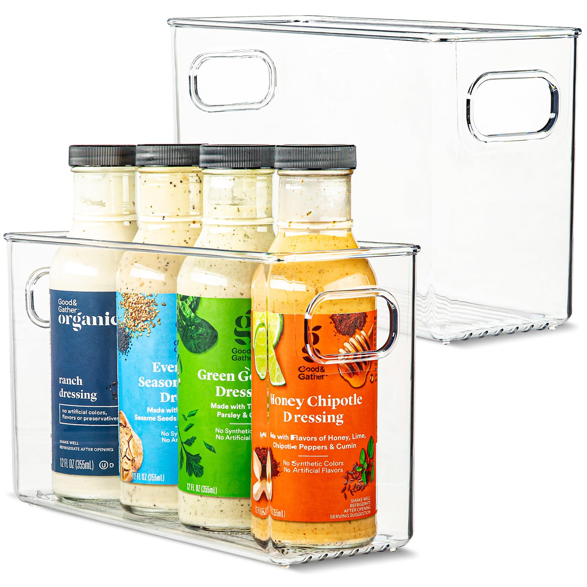 Plastic Food Storage 2 Pack Clear Container Bin with Handles for Organizing Kitchen, Pantry, Refrigerator, Freezer, Pantry, Cabinet, Closet, Bathroom. 16”x8”x5”