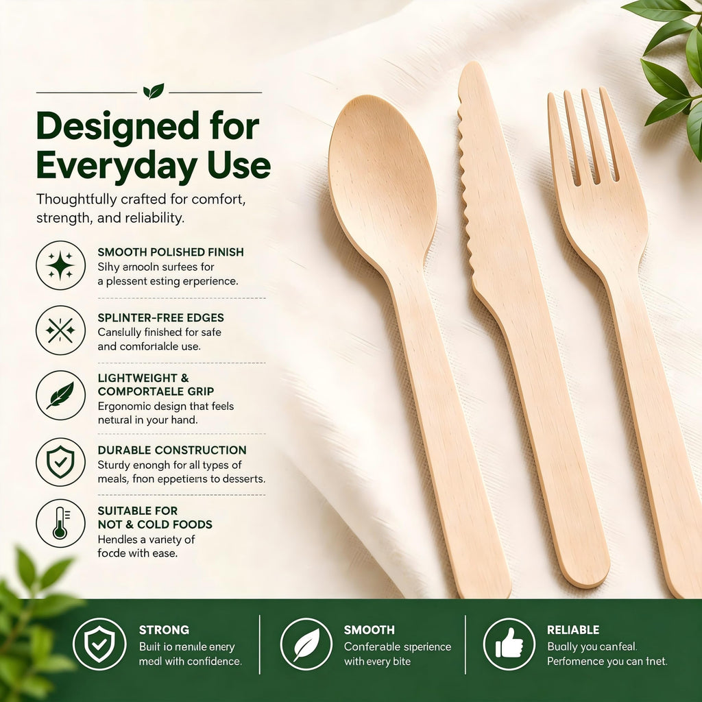 100% Compostable Cutlery Set - 150 Pieces Wooden Utensil Set [50 Wooden Forks, Wooden Spoons, Knives] - Disposable Wooden Cutlery, Eco Friendly Forks, Spoons, Knives Set Compostable Utensils