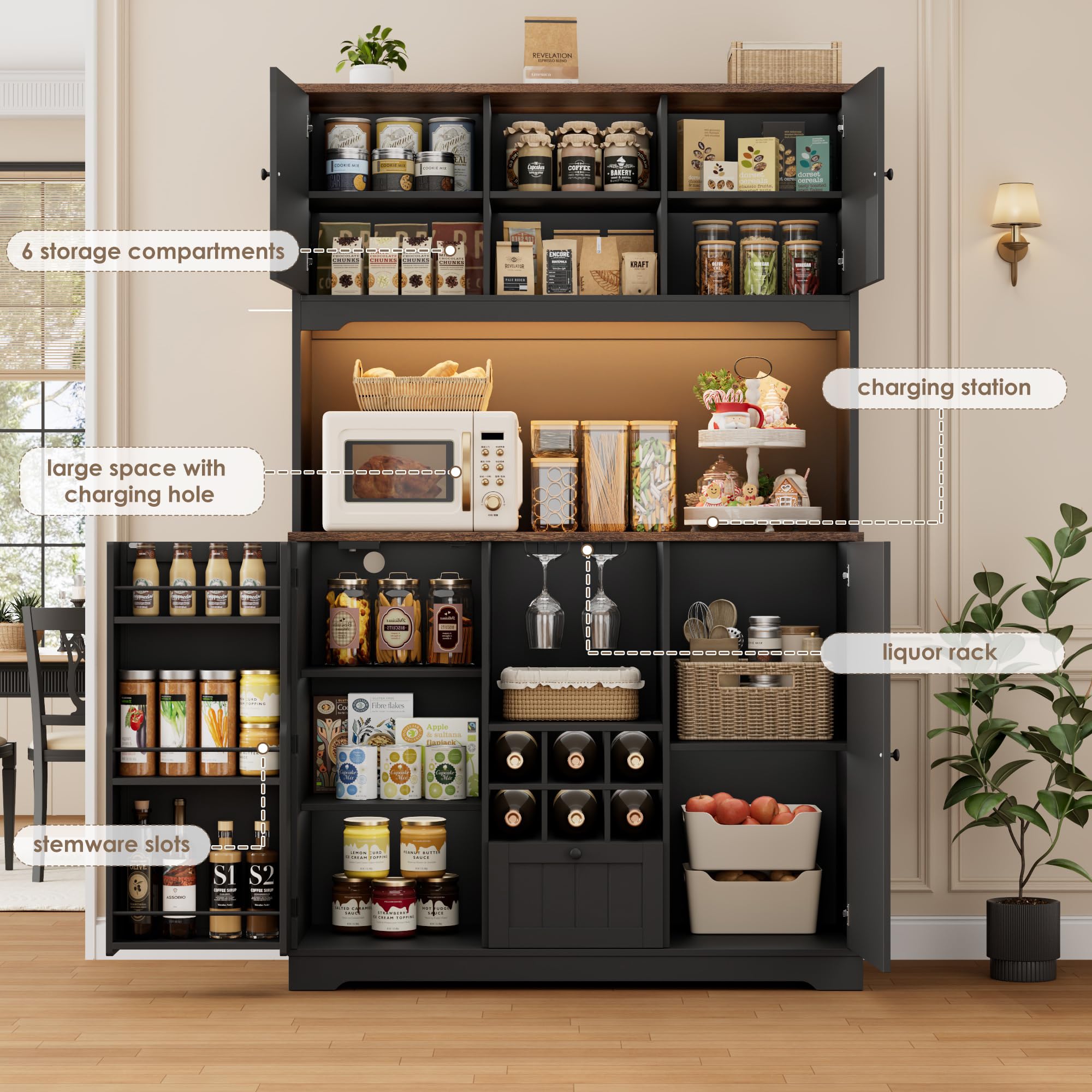FINETONES 71" Kitchen Pantry Cabinet with LED Light and Charging Station