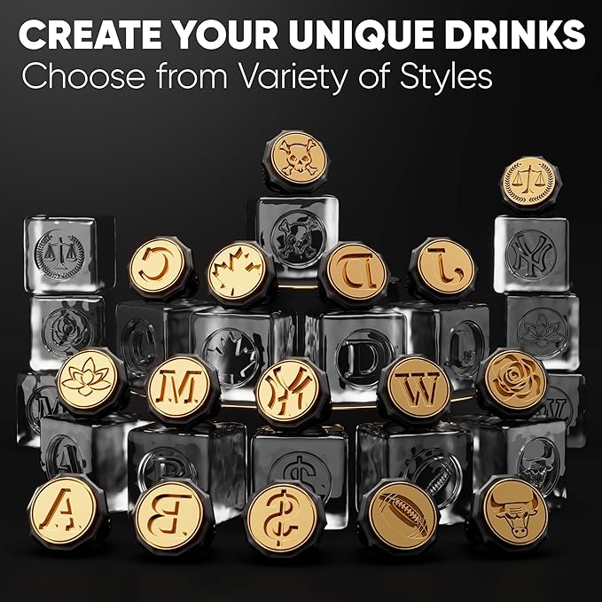 Berlinzo Ice Stamp Ring for Cube & Sphere - Custom Ice Cubes for Whiskey, Mojito Cocktails – M Letter Shaped Brass Ice Stamp m/ 3mm Depth - Black