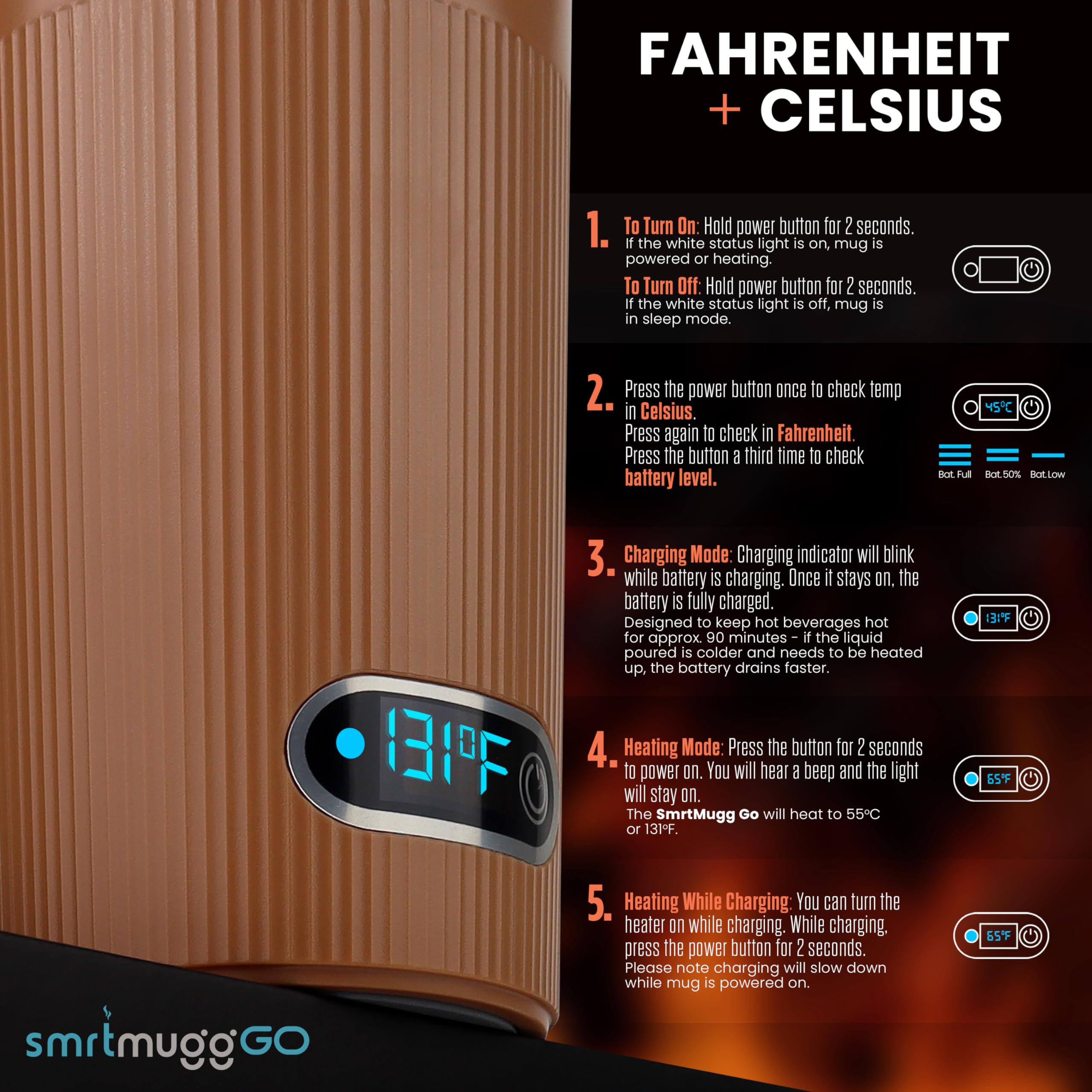 SmrtMugg GO Heated Coffee Mug, Travel Mug, 13.5 OZ. Smart Mug, Battery Powered Heated Coffee Mug, Great for Coffee and Tea, Snap on Magnetic Charging Cord, New and Improved (Pumpkin Spice)