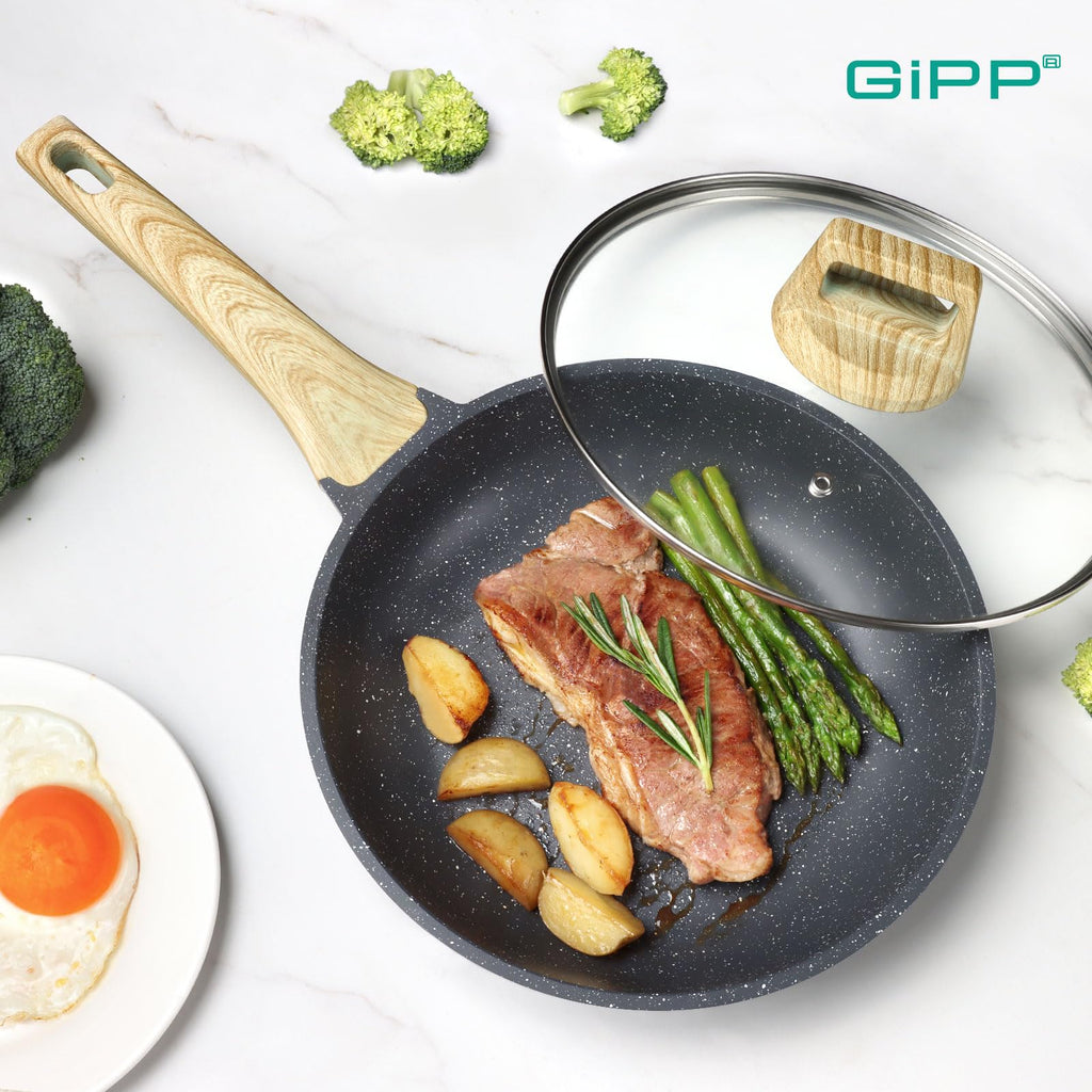 GiPP Nonstick Frying Pan Skillet with Lid - 11" Grey Granite Non Stick Pans, Omelette Pan with Heat-Resistant Handle, Compatible with All Stovetops, PFOA Free