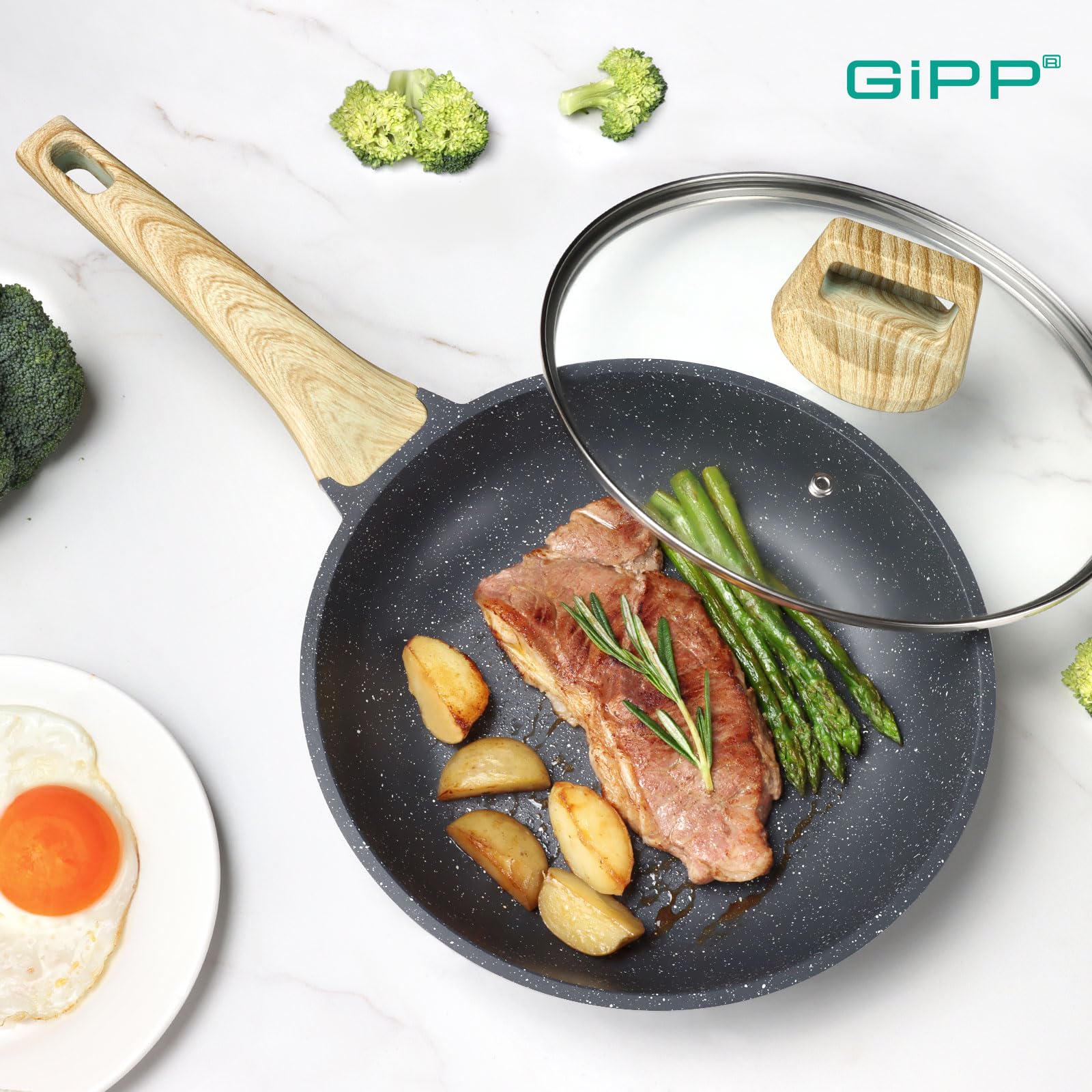GiPP Nonstick Frying Pan Skillet with Lid - 11" Grey Granite Non Stick Pans, Omelette Pan with Heat-Resistant Handle, Compatible with All Stovetops, PFOA Free