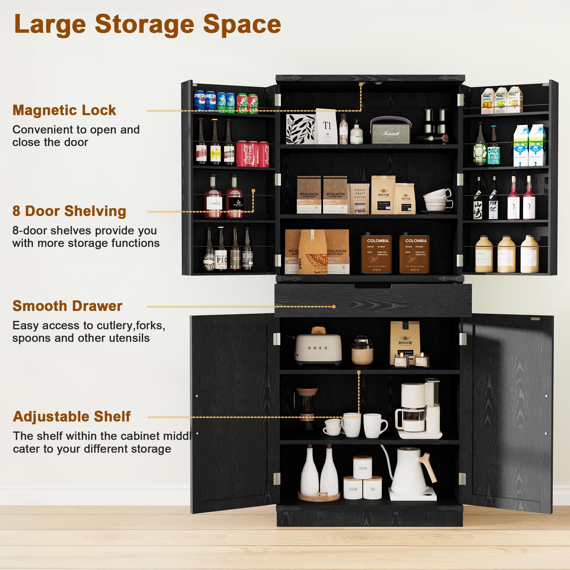GRUSIGN 72" Tall Storage Cabinet, Kitchen Pantry Cabinet with Adjustable Shelves & Sturdy Steel Frame, Farmhouse Pantry Storage with 4 Barn Doors for Kitchen, Dining Room, and Living Room, Black