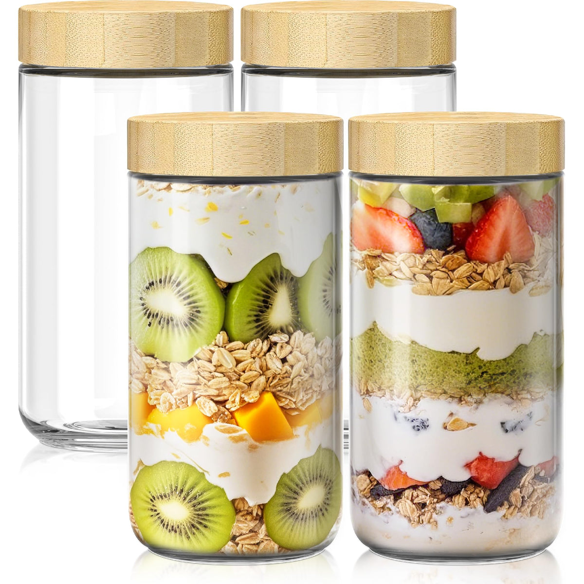 10 oz Overnight Oats Containers with Bamboo Lids, Glass Mason Jars 6 Pack