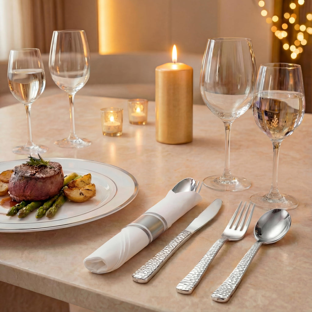 WELLIFE 50 Pack Silver Plastic Silverware,Wrapped Silverware Set Disposable,Hammer Pattern Design,Includes:50 Forks, 50 Knives, 50 Spoons, 50 Napkins,Plastic Utensils for Party and Wedding