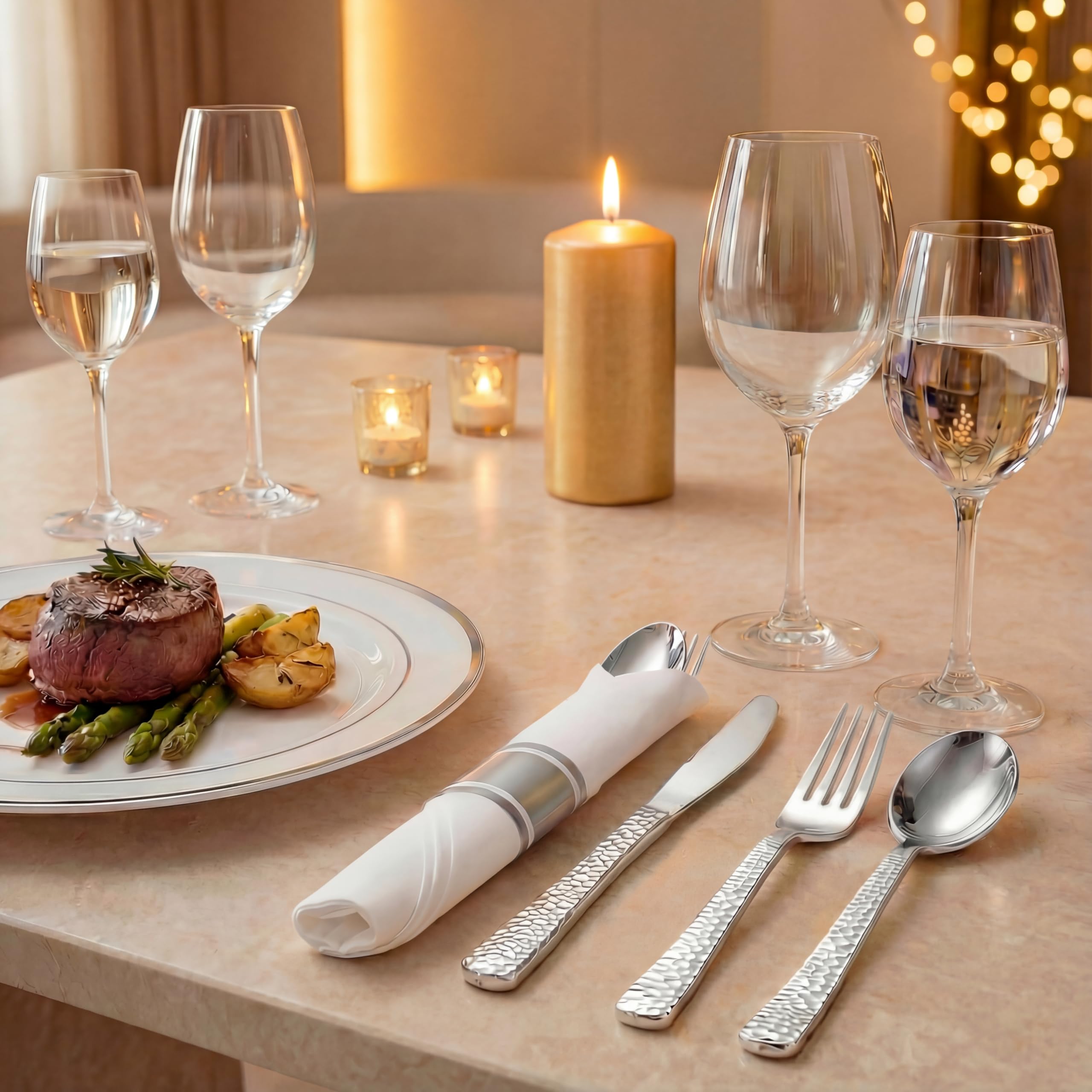 WELLIFE 50 Pack Silver Plastic Silverware,Wrapped Silverware Set Disposable,Hammer Pattern Design,Includes:50 Forks, 50 Knives, 50 Spoons, 50 Napkins,Plastic Utensils for Party and Wedding
