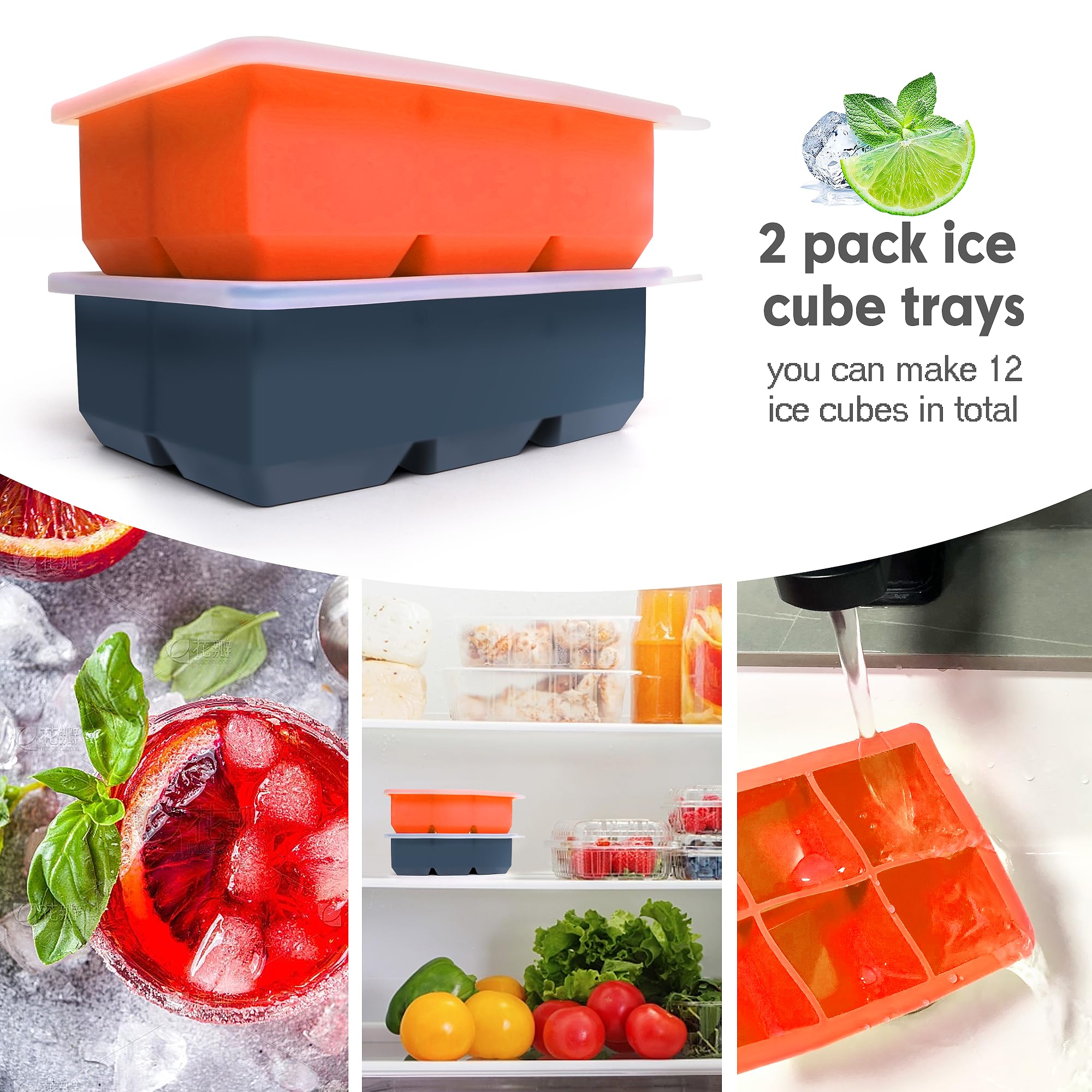 Silicone Ice Cube Trays with Lids,Large Square Ice Cube Molds for Freezer, Whiskey, Cocktail, Stackable Flexible and Reusable & Easy Release BPA Free (2 Pack&Dark Gray and Orange)