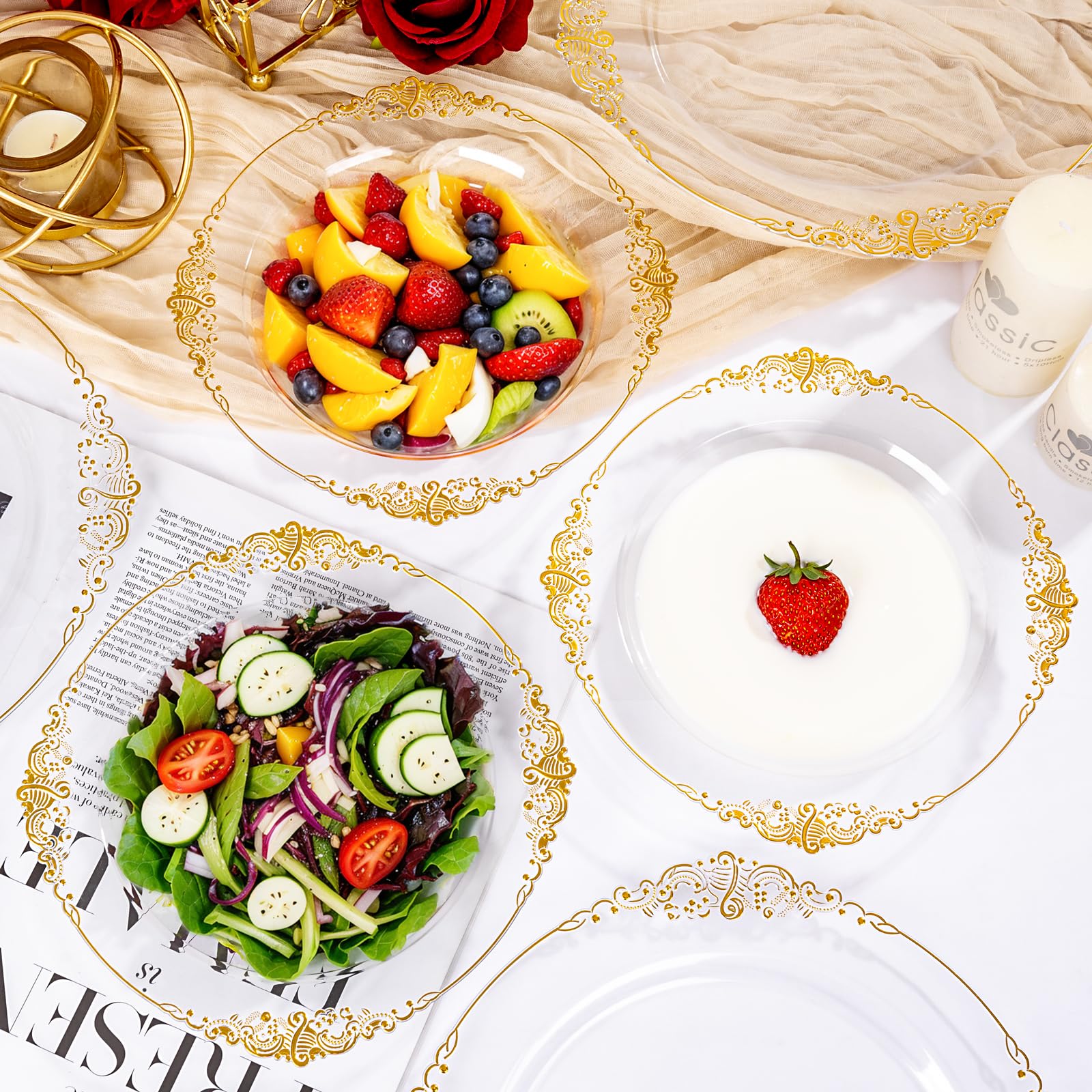Joyido 100PCS Clear Gold Plastic Bowls - 12 oz Clear Disposable Salad Bowls - Heavy Duty Disposable Soup Bowl - Fancy Plastic Ice Cream Bowl for Weddings, Parties, Dinners, Picnics,