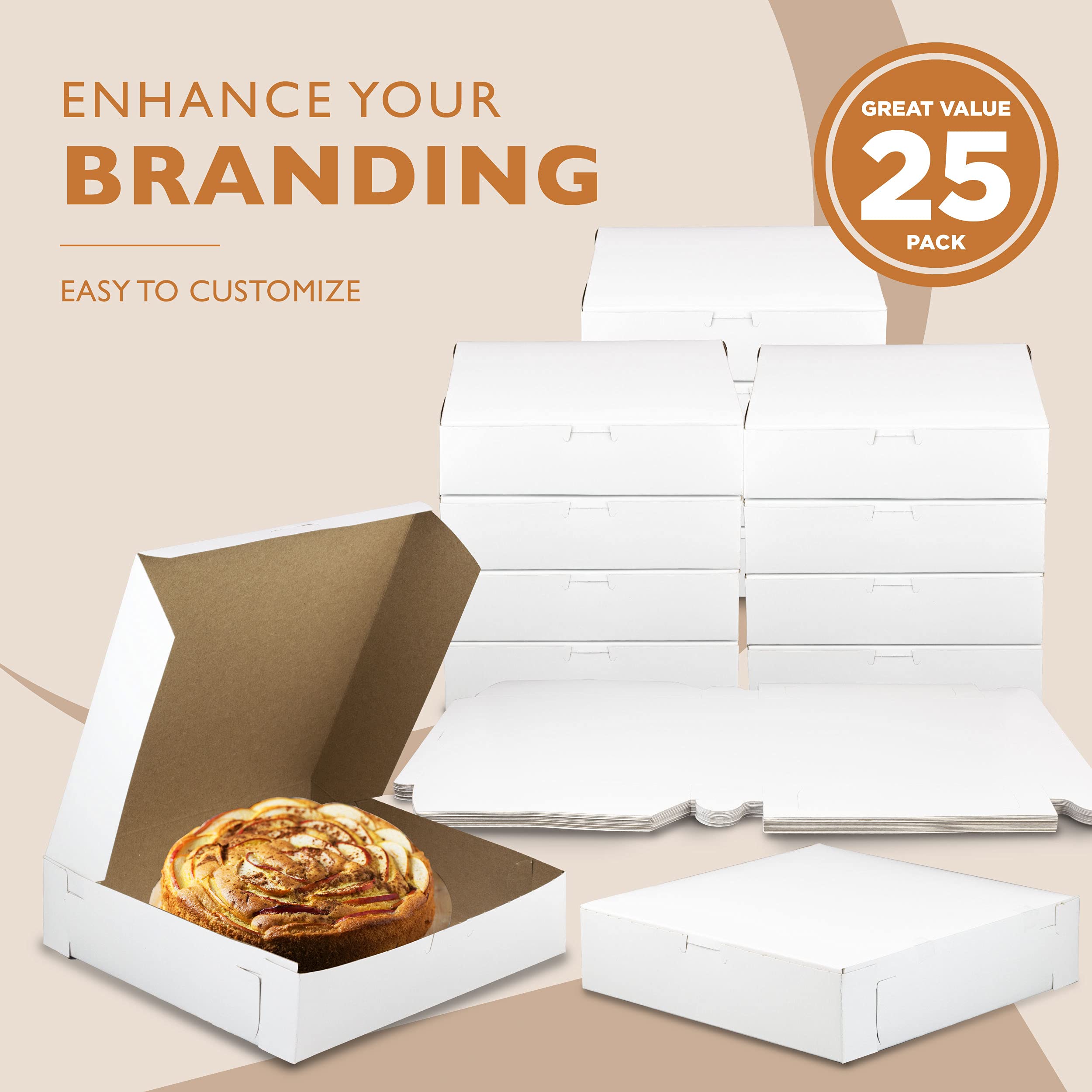 [25 Pack] White Pie Boxes 10x10x2.5" Square Bakery Boxes for Cookies, Cheesecake, Chocolate Covered Strawberries, Dessert, Macaroon, Bread Bulk Paper Cardboard Sweet Boxes for Surprises and Pastries