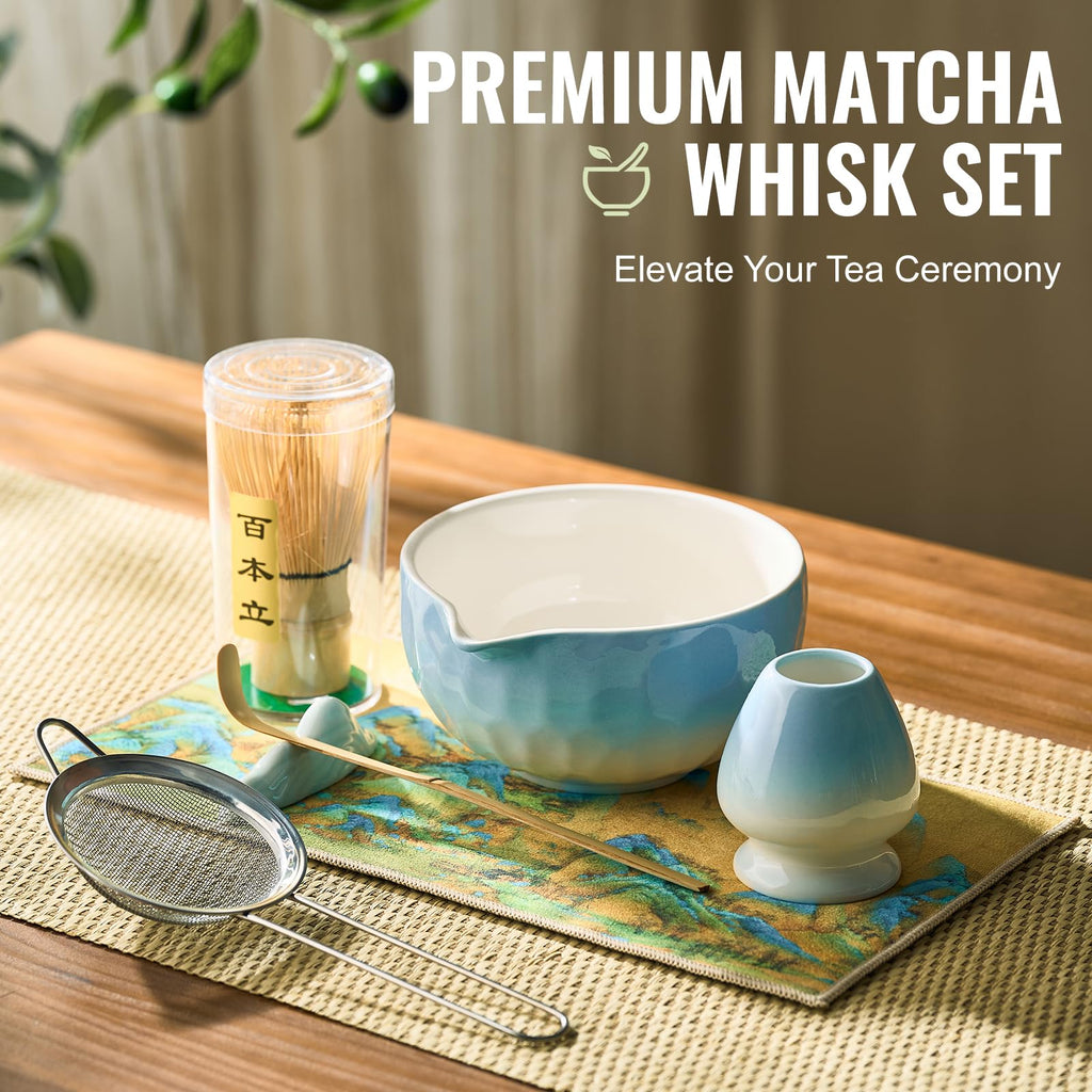 Matcha Whisk Set 7 Pcs Matcha Sets Blue, matcha Kit with Bowl, Whisk and Holder, Bamboo Scoop, Scoop Rest, Sifter & Tea Towel, Tea Gifts for Matche Lovers Making Breakfast Latte
