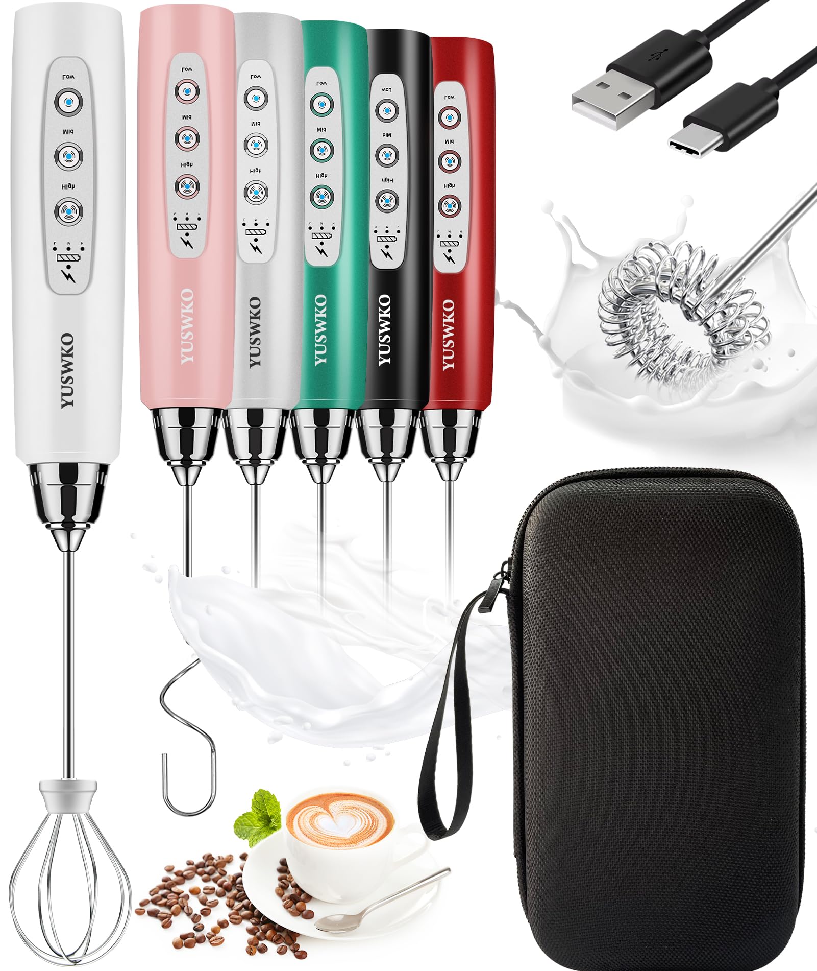 YUSWKO Handheld Milk Frother Wand for Coffee, Rechargeable Electric Whisk with 3 Heads 3 Speeds Drink Mixer Coffee Frother For Latte, Cappuccino, Hot Chocolate, Egg, White with Bag