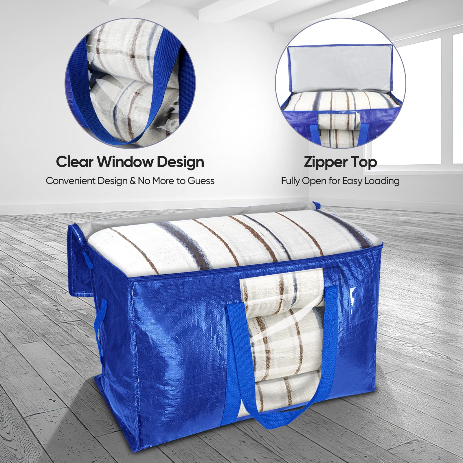 BALEINE 4-Pack Oversized Moving Bags with Reinforced Handles, Heavy-Duty Storage Tote Moving Supplies for Packaging, Camping (Blue w/Window, 4-Pack)