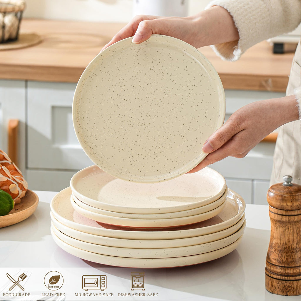 GZG Ceramic Dinner Salad Plates Set of 4, 8 Inch Speckled Dinnerware Dessert Plates with Clay-Tone Base, Microwave Oven Dishwasher Safe