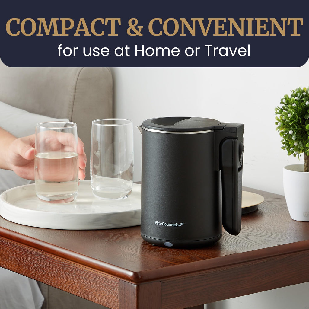 Elite Gourmet Dual-Voltage Travel Kettle, 0.6L Stainless Steel, Black
