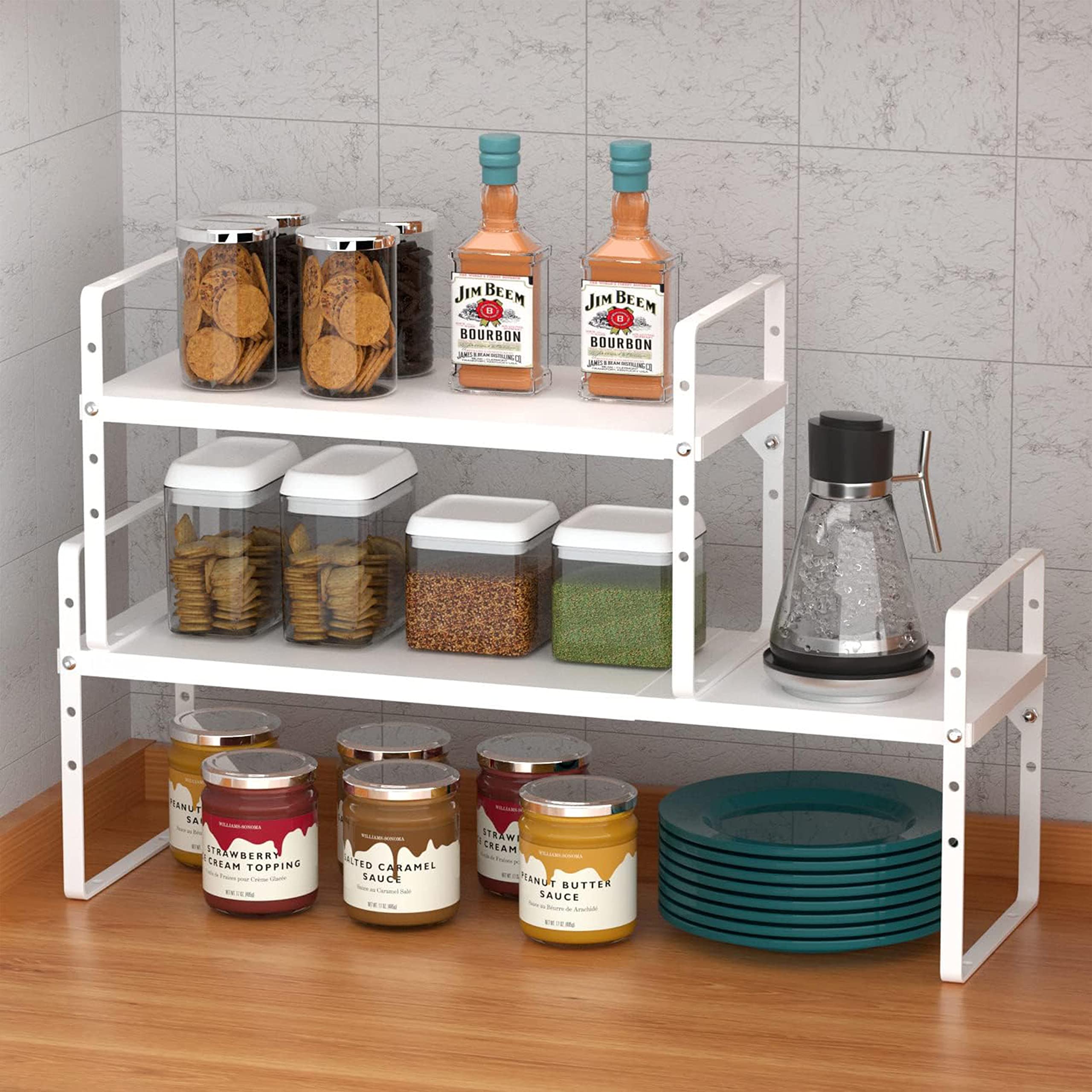 LOCVCDA Expandable Kitchen Cabinet Storage Shelf, Stackable Metal Pantry Storage Shelves Organizer, Adjustable Height Counter Spice Rack for Kitchen Cabinet, Countertop, Pantry and Office