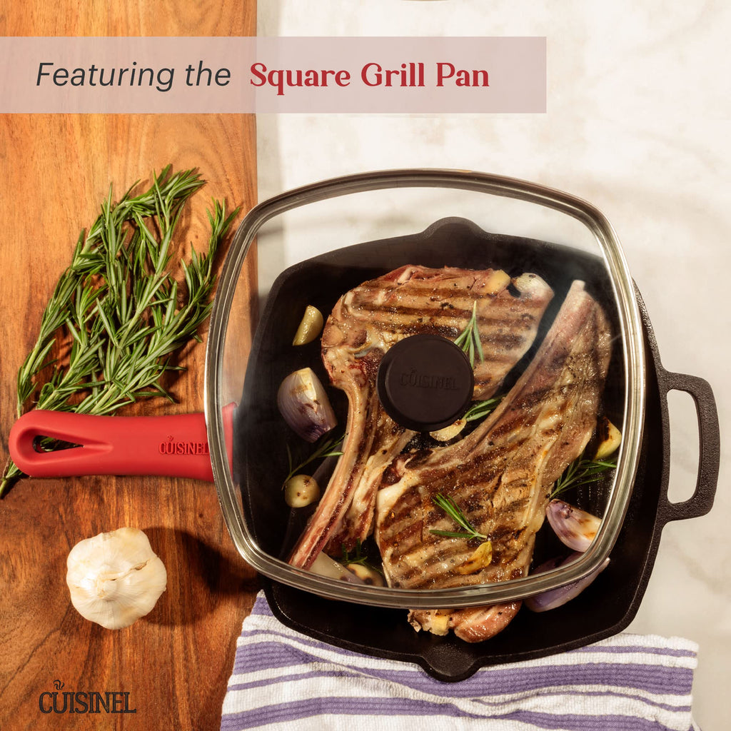 Cast Iron Cookware 18-Piece Set - Pre-Seasoned 6" + 8" + 10" + 12" Skillet + Grill Pan+Lid + Griddle + Pizza Pan + Dutch Oven+Cover/Pan + Panrack + Silicone Handle Cover + Pan Scraper/Cleaner