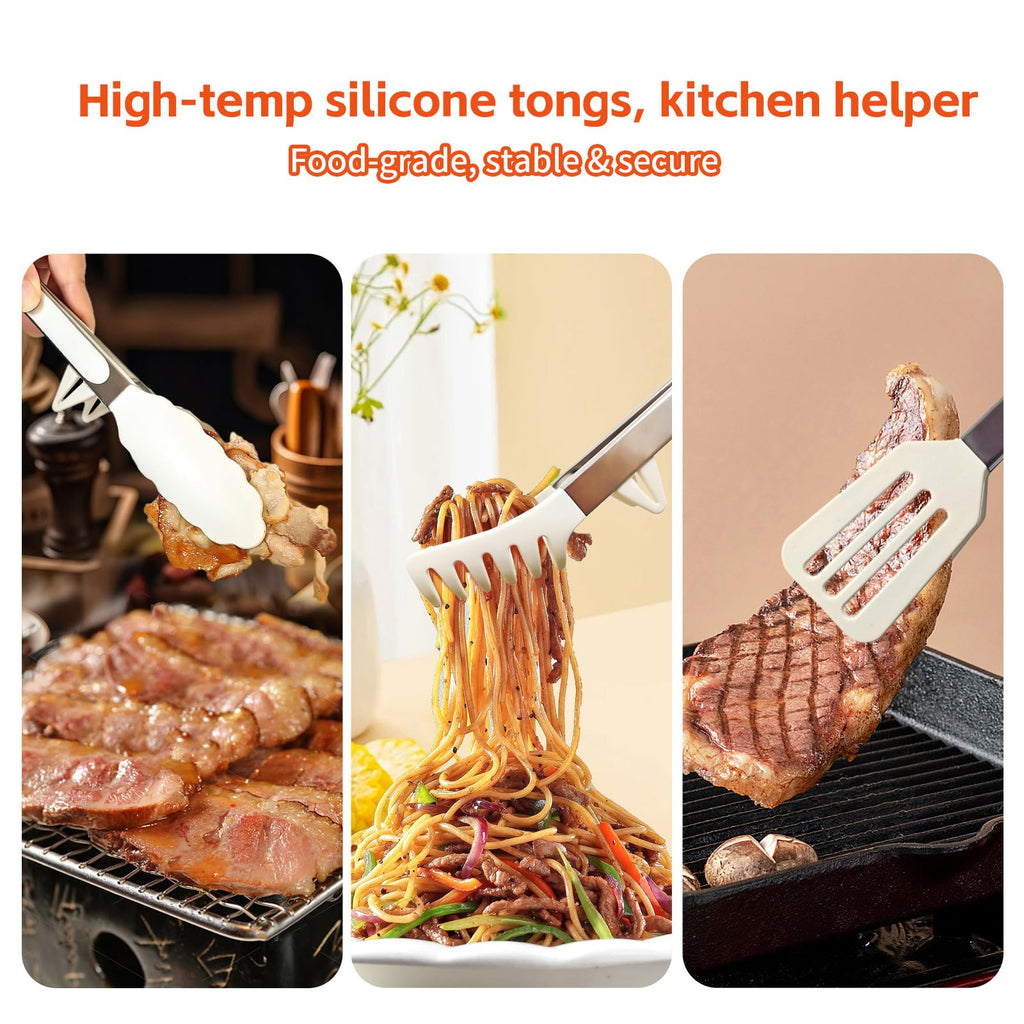 Kitchen Tongs,Set Of 3 Tongs with Silicone Tip for Cooking 9/12 Inch Stainless Steel Kitchen Tong for Meat,Food Grill,Salad,BBQ,Frying,Serving,Dishwasher (White, 9 Inch)