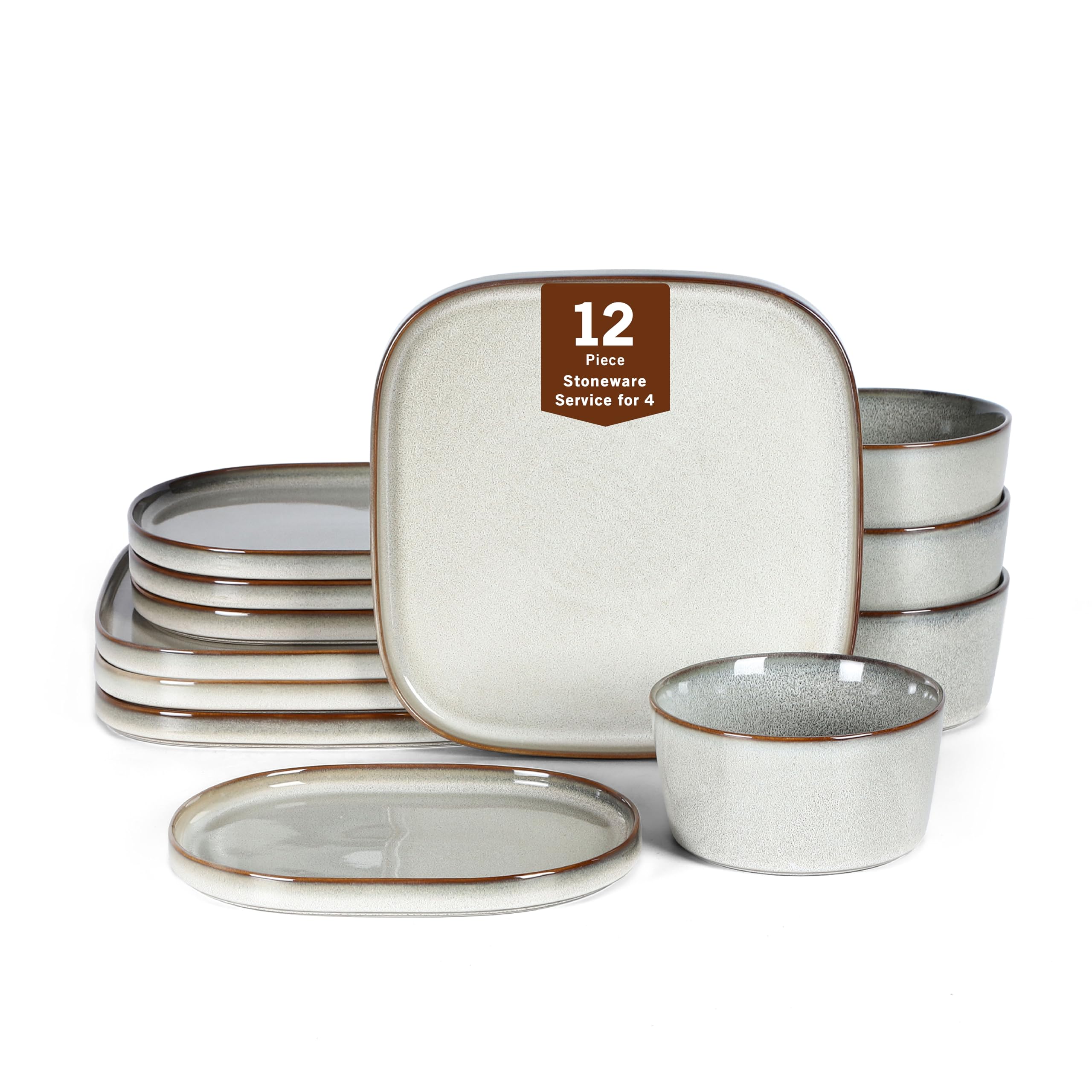 Stone Lain Cairo 12-Piece Dinnerware Stoneware, Plates and Bowls, Microwave and Dishwasher Safe, Includes Dinner and Salad Plates, Cereal Bowls, Dish Set for 4, Grey