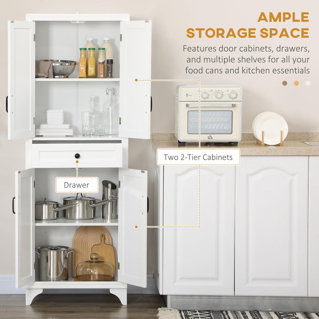 HOMCOM 67" Tall Freestanding Kitchen Pantry Cabinet 4-Door Drawer White