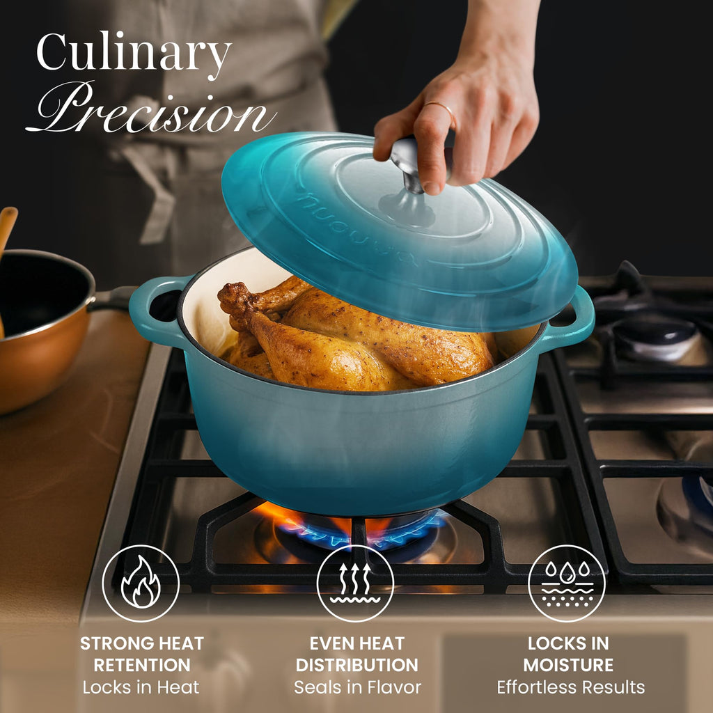 Cast Iron Dutch Oven with Lid-Non-Stick Ovenproof Enamelled Casserole Pot - Sturdy Dutch Oven Cookware-Teal, 7.3- Quart, 30cm- by Nuovva