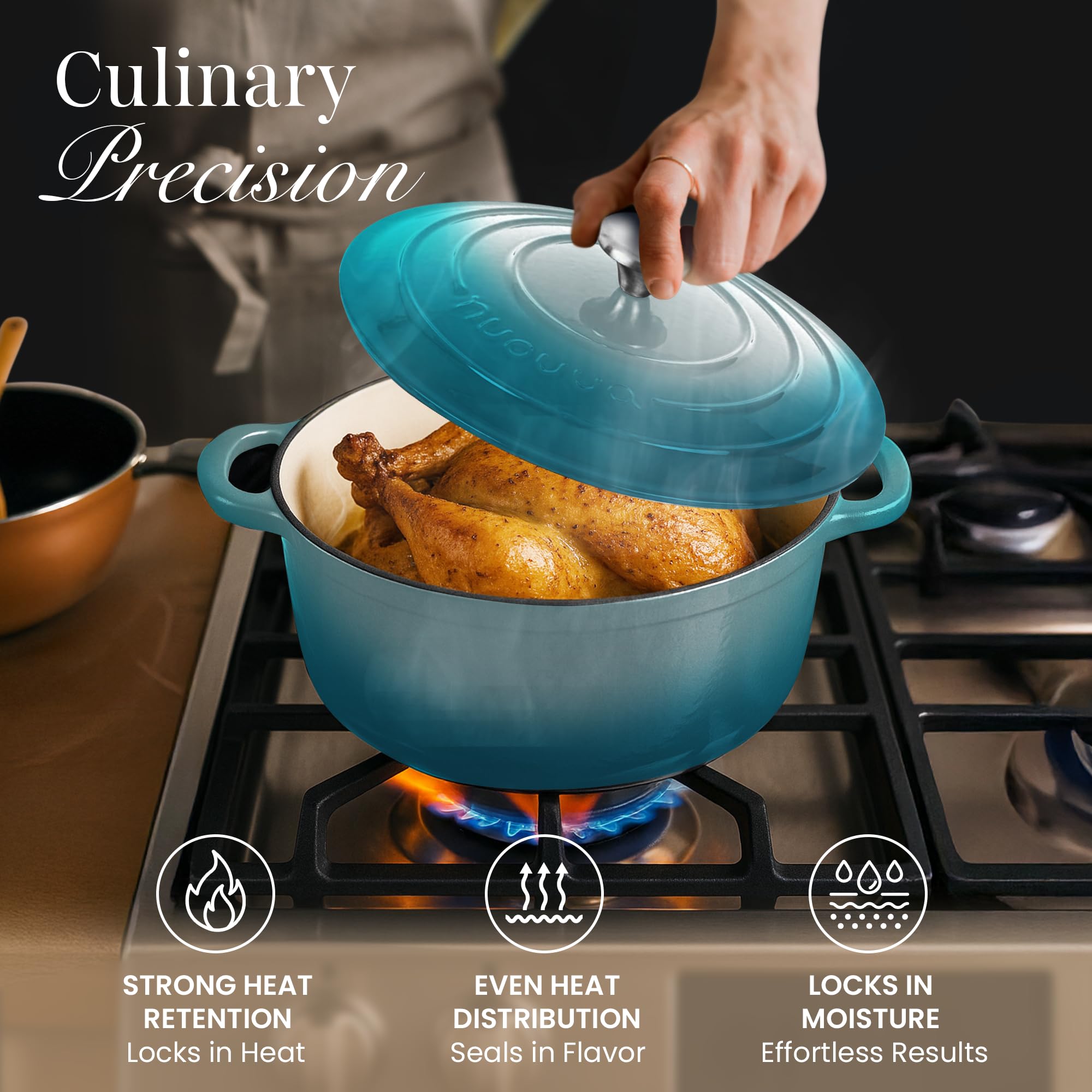 Cast Iron Dutch Oven with Lid-Non-Stick Ovenproof Enamelled Casserole Pot - Sturdy Dutch Oven Cookware-Teal, 7.3- Quart, 30cm- by Nuovva