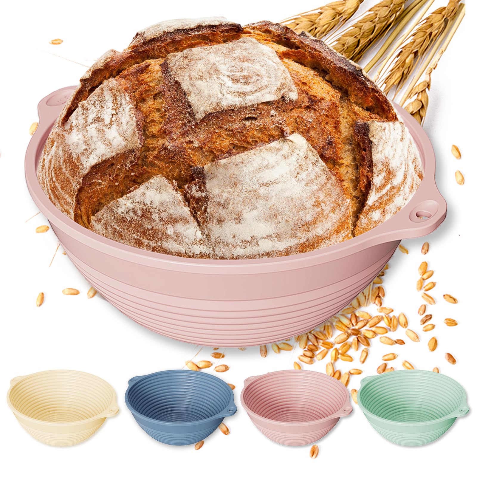 Upgraded 4 Pack Silicone Banneton Bread Proofing Basket, Reinforced Rim Support & Dual Handles, 9" Collapsible Non-Stick Round Dough Proofing Bowl, Oven & Dishwasher Safe, BPA Free