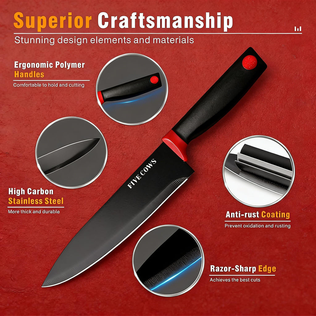 14 Pcs Kitchen Knife Block Set with Sharpener German High Carbon Stainless Steel Chef Knives, Razor-Sharp & Durable, Lightweight Anti-Slip Handle, Professional Set for Home & Kitchen (Red)