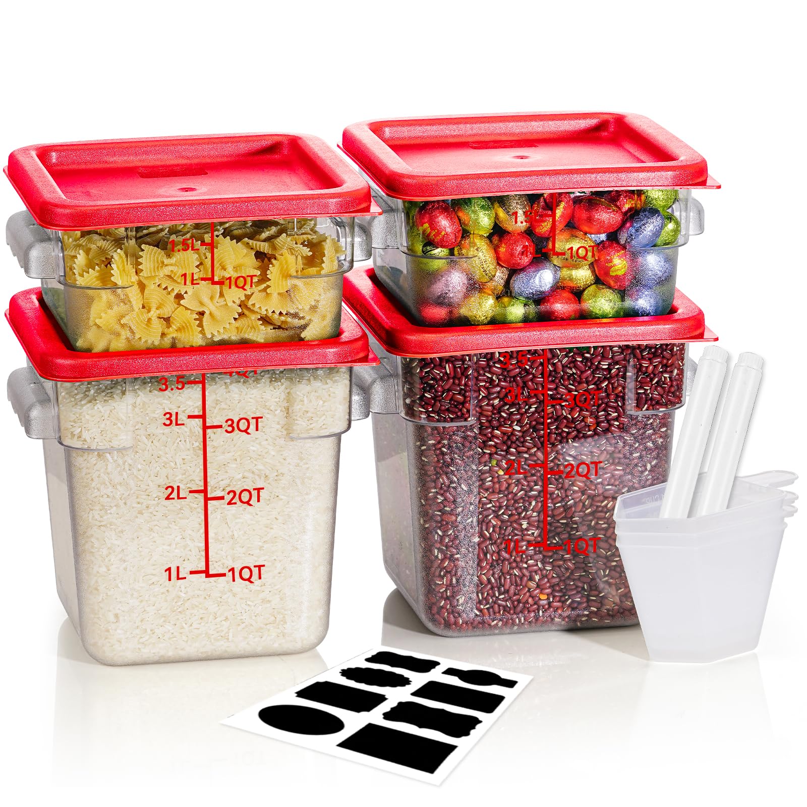 RVGMBO 2QT&4QT NSF Food Storage Containers with Lids: 4 PCS [Total Food Grade][Hot&Cold Resistant] Commercial Clear Food Storage Containers for Restaurant Kitchen Proof Dough (Red)