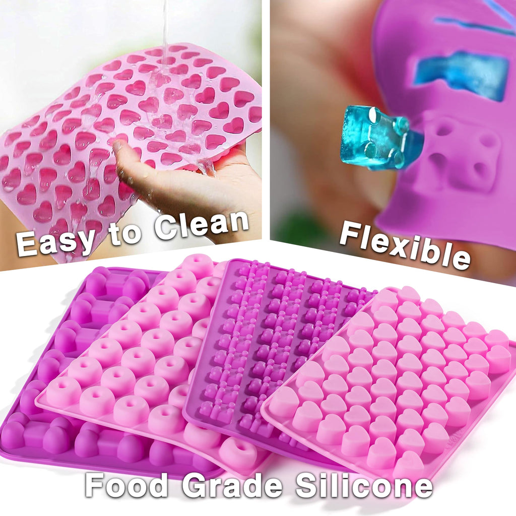 Gummy Candy Molds, 4 Pcs Silicone Chocolate Molds with 4 Droppers, Non-stick Candy Molds for Caramels, Ganache, Ice Cubes, Bone Bear Donut Heart Shape Included