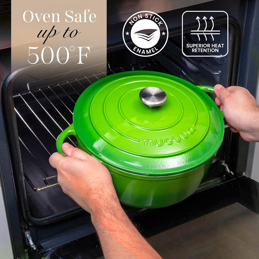Cast Iron Dutch Oven with Lid-Non-Stick Ovenproof Enamelled Casserole Pot - Sturdy Dutch Oven Cookware - Green, 7.3- Quart, 30cm- by Nuovva