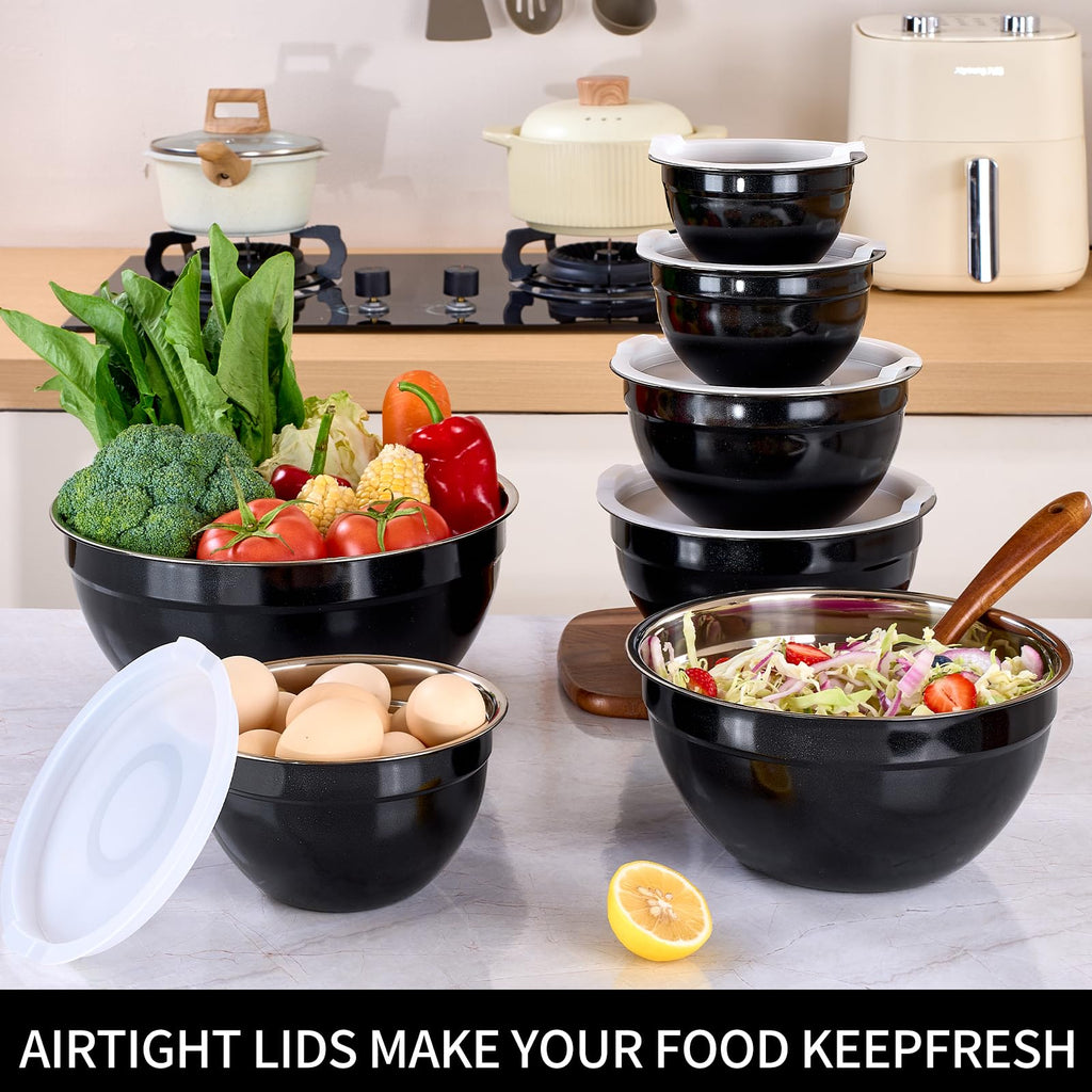 LKTDYMEG Black Mixing Bowls with Lids Set of 7, Stainless Steel Nesting Bowl with Khaki Lid for Non-slip Mixing Prepping Storing Serving, 7 Sizes-7/3.6/2.7/2.1/1.5/1/0.8 QT