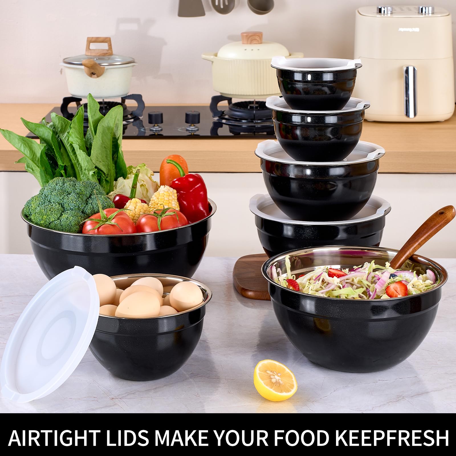 LKTDYMEG Black Mixing Bowls with Lids Set of 7, Stainless Steel Nesting Bowl with Khaki Lid for Non-slip Mixing Prepping Storing Serving, 7 Sizes-7/3.6/2.7/2.1/1.5/1/0.8 QT