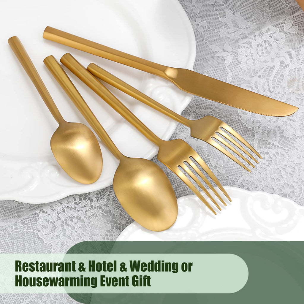 DEACORY Gold Silverware Set Matte Finish Hexagon Handle Service for 8