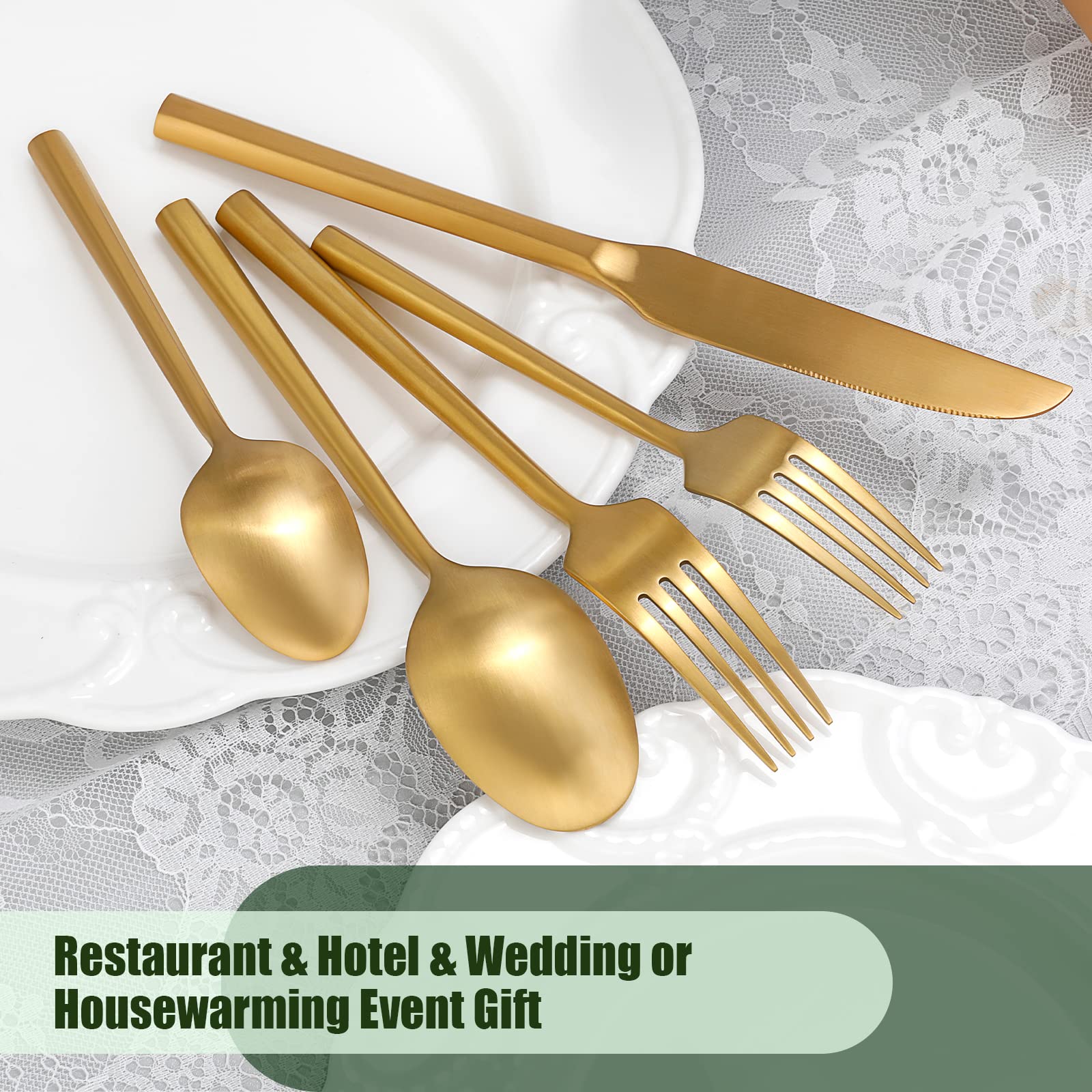 DEACORY Silverware Set Flatware Set Matte Gold Cutlery Set Heavy Hexagon Handle Stainless Steel 60 Pieces Dishwasher Safe Service for 12