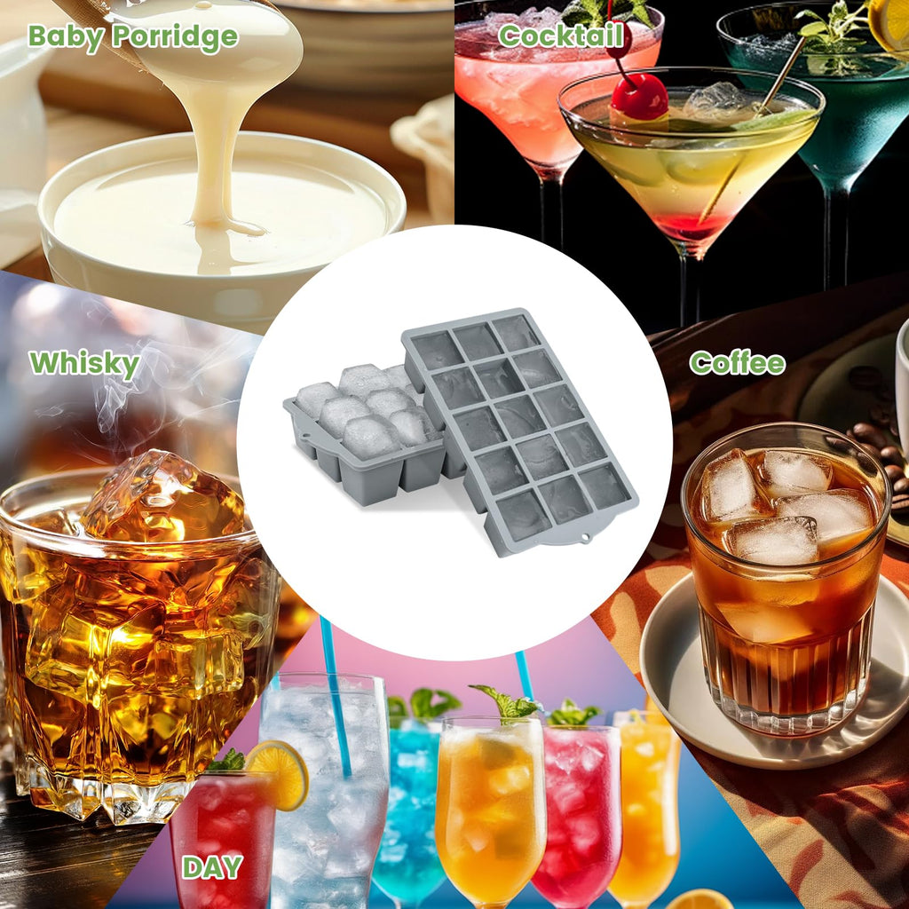 FANYITY Silicone Ice Cube Tray with Lid, Gray, Pack of 2 Ice Cube Moulds, Silicone Mould, BPA-Free, Stackable Ice Cube Tray, Ice Cube Trays for Baby Porridge, Cocktail, Whiskey, Coffee