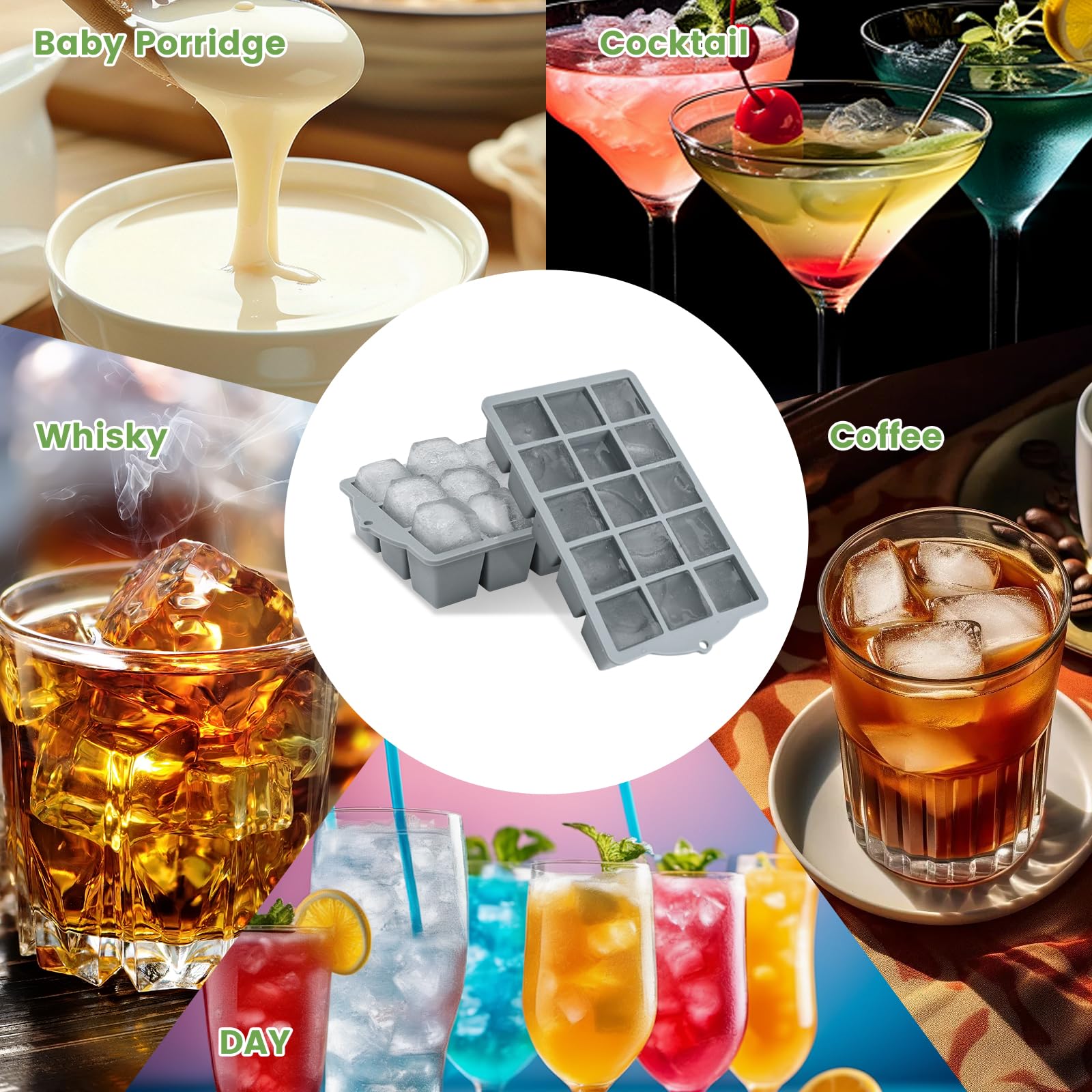 Silicone Ice Cube Tray, 2 Pack Easy-Release Stackable Ice Trays for Freezer with Lid 15 Reusable Cubes, Food Grade BPA Free Ice Molds for Whiskey, Baby Food, Coffee, Cocktail, Drinks (Grey)