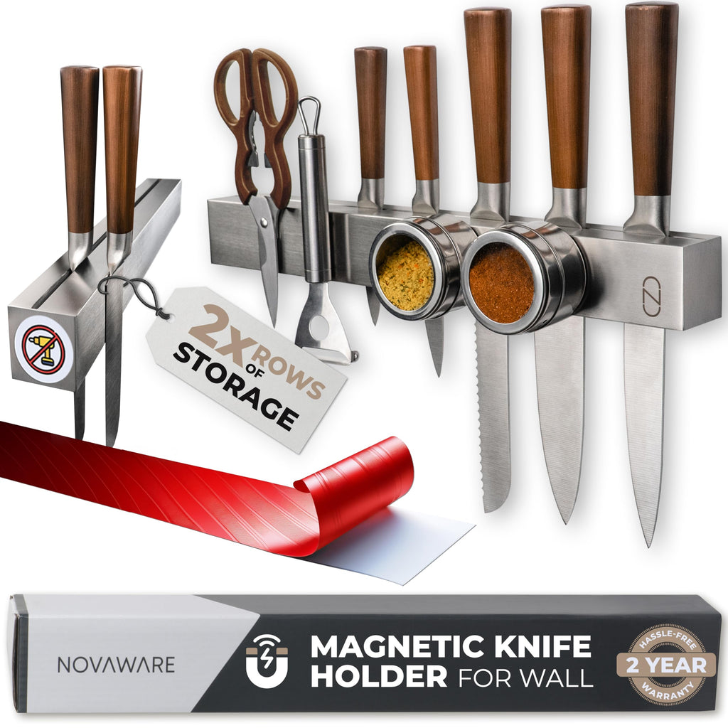 16" Adhesive Magnetic Knife Holder for Wall (No Drill) with 2x Storage - Safe, Patented Storage Design - Stainless Steel Magnet Knife Holder Strip - Magnetic Kitchen Organizer, Tool Storage