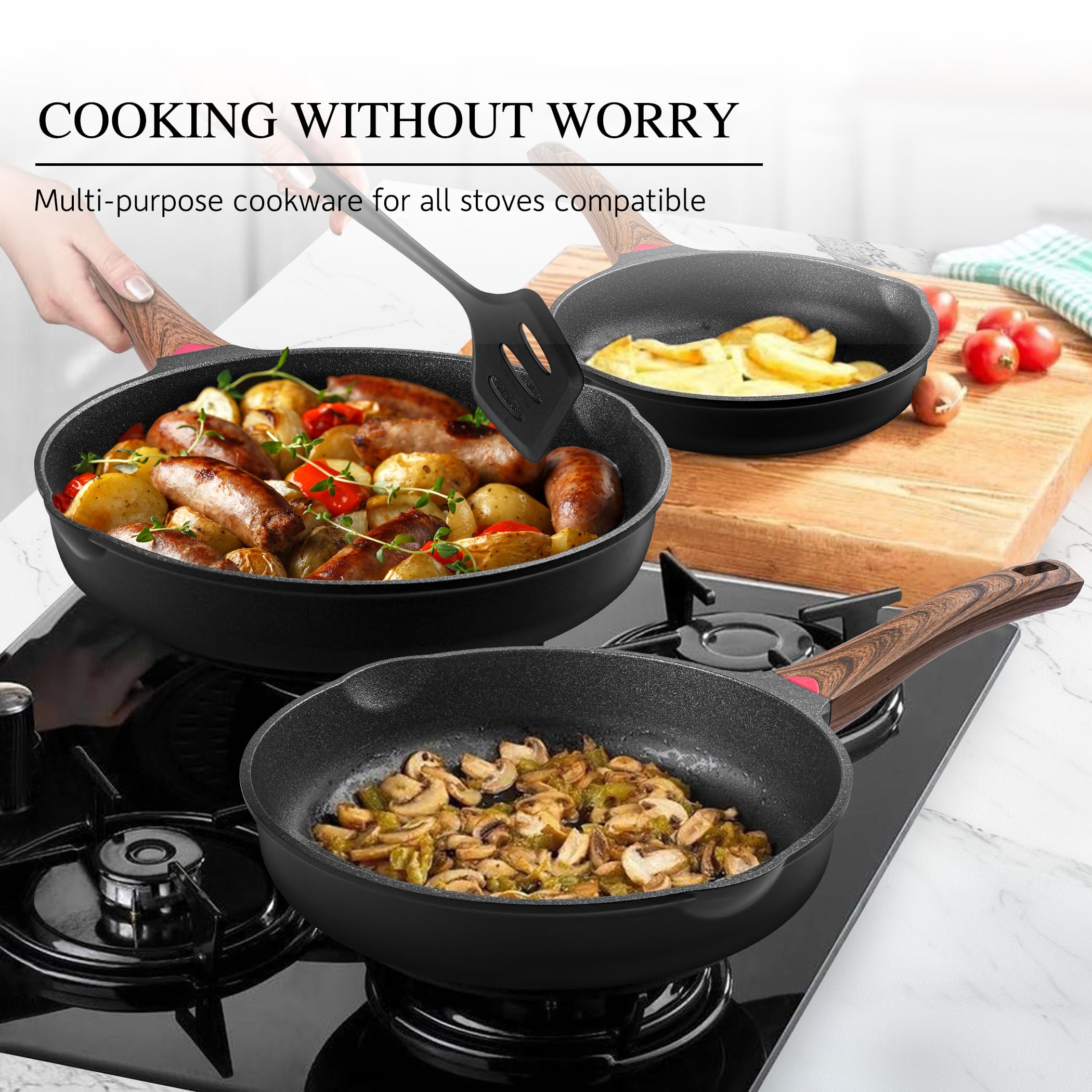 Vinchef 12.5" Non Stick Frying Pans, Skillet with Lid Used for All Stoves, Induction Non Toxic Cookware, Cooking Pans Nonstick Capable of Kitchen