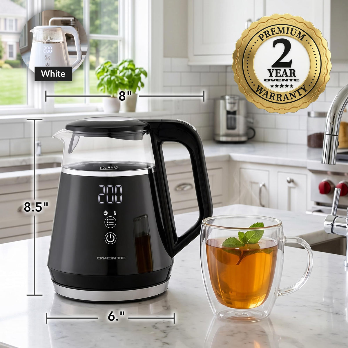 OVENTE 1L Electric Kettle with Temperature Control, 1500W, Black KD95B