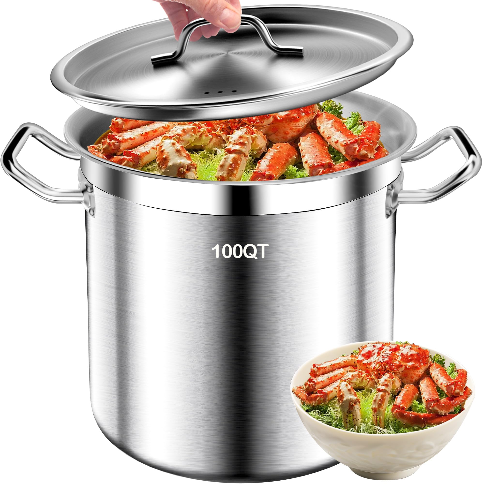 Large Stock Pot - 100QT Stainless Steel Stockpot with Lid, Heavy Duty Tri-Ply Bottom Commercial Grade Soup Pot for Cooking Soup, Stew, Canning, Oven, Gas, Ceramic, Dishwasher Safe