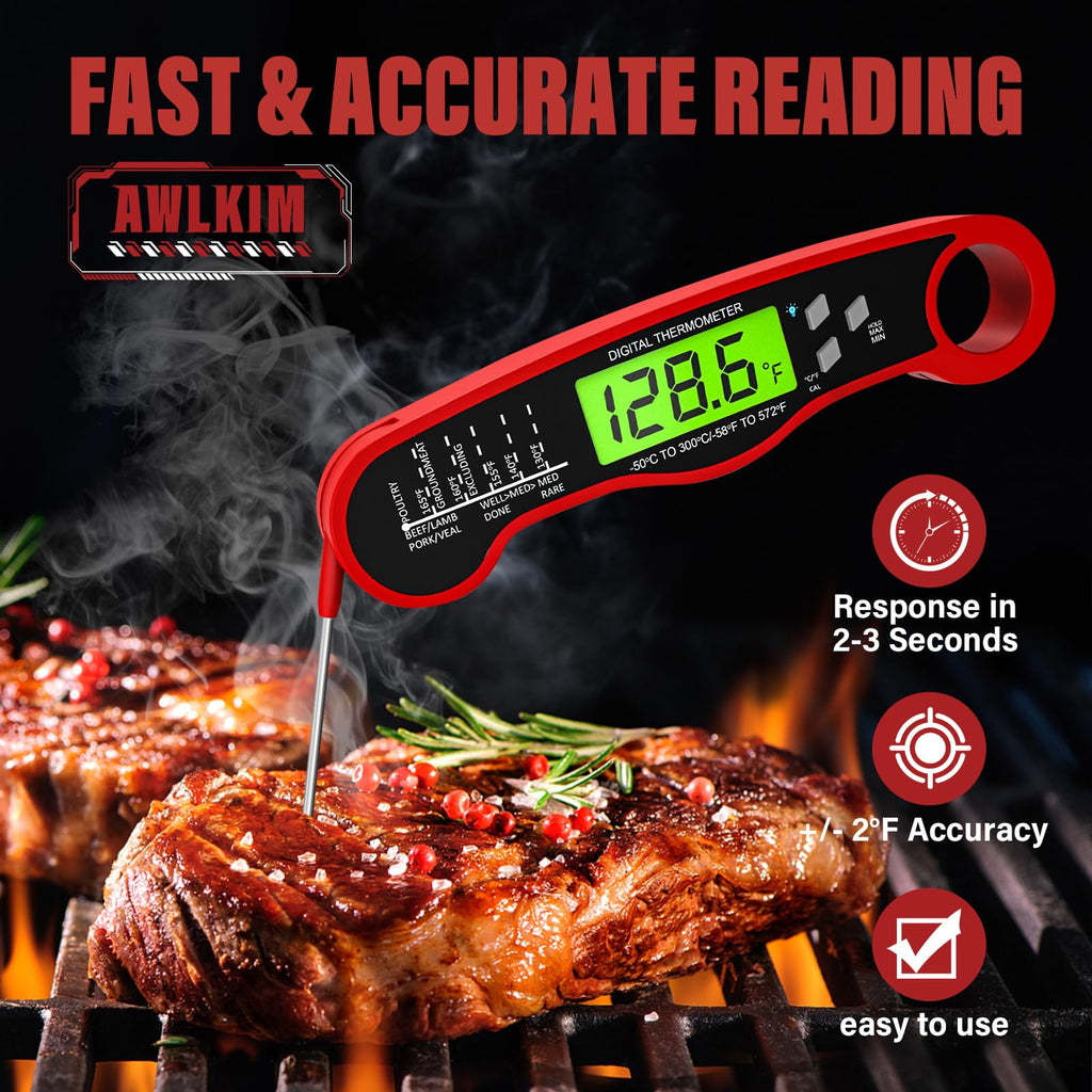 AWLKIM Meat Thermometer Digital, Instant Read Food Thermometer, Red