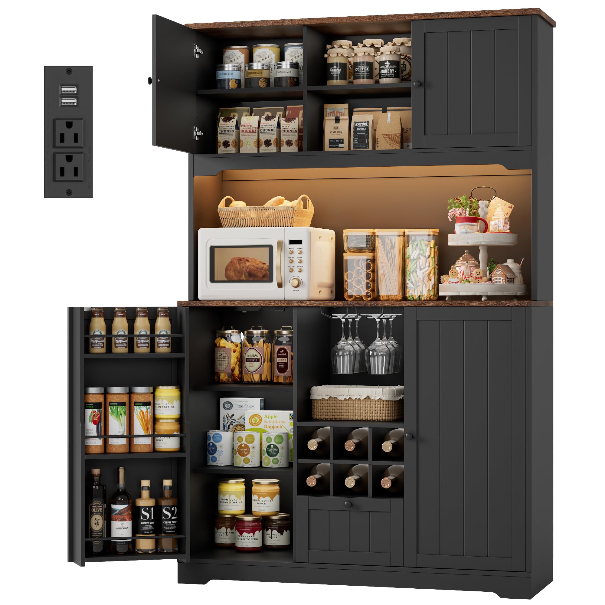 FINETONES 71" Kitchen Pantry Cabinet with LED Light and Charging Station