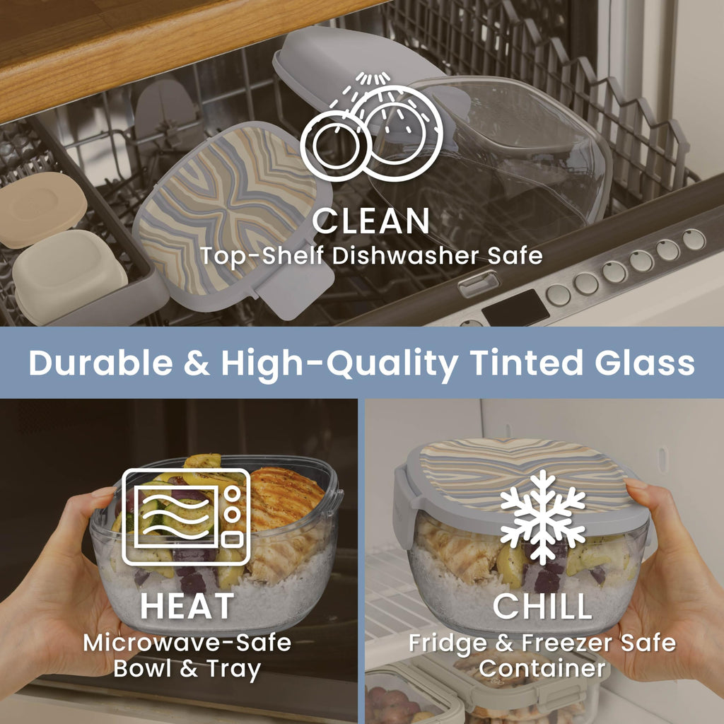 Bentgo Glass Salad Container, 7.6-Cup, 4-Compartment Tray, Reusable Fork