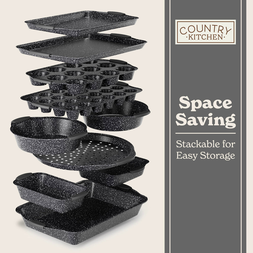 Country Kitchen Nonstick Stackable Bakeware Set - Durable, Easy Release Baking Set, Black, 10 Pcs